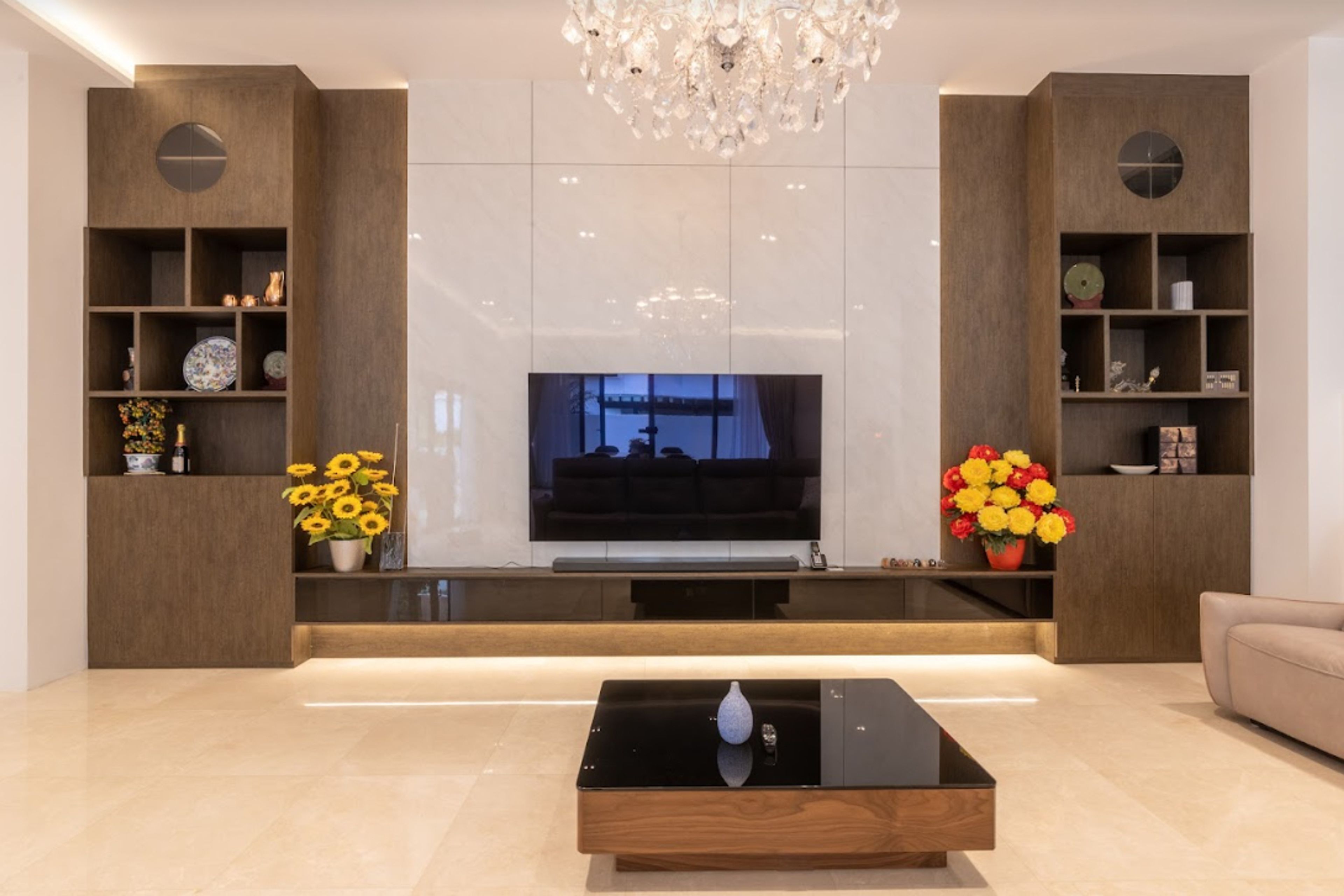 Brown TV Cabinet With A Cream Back Panel - Livspace