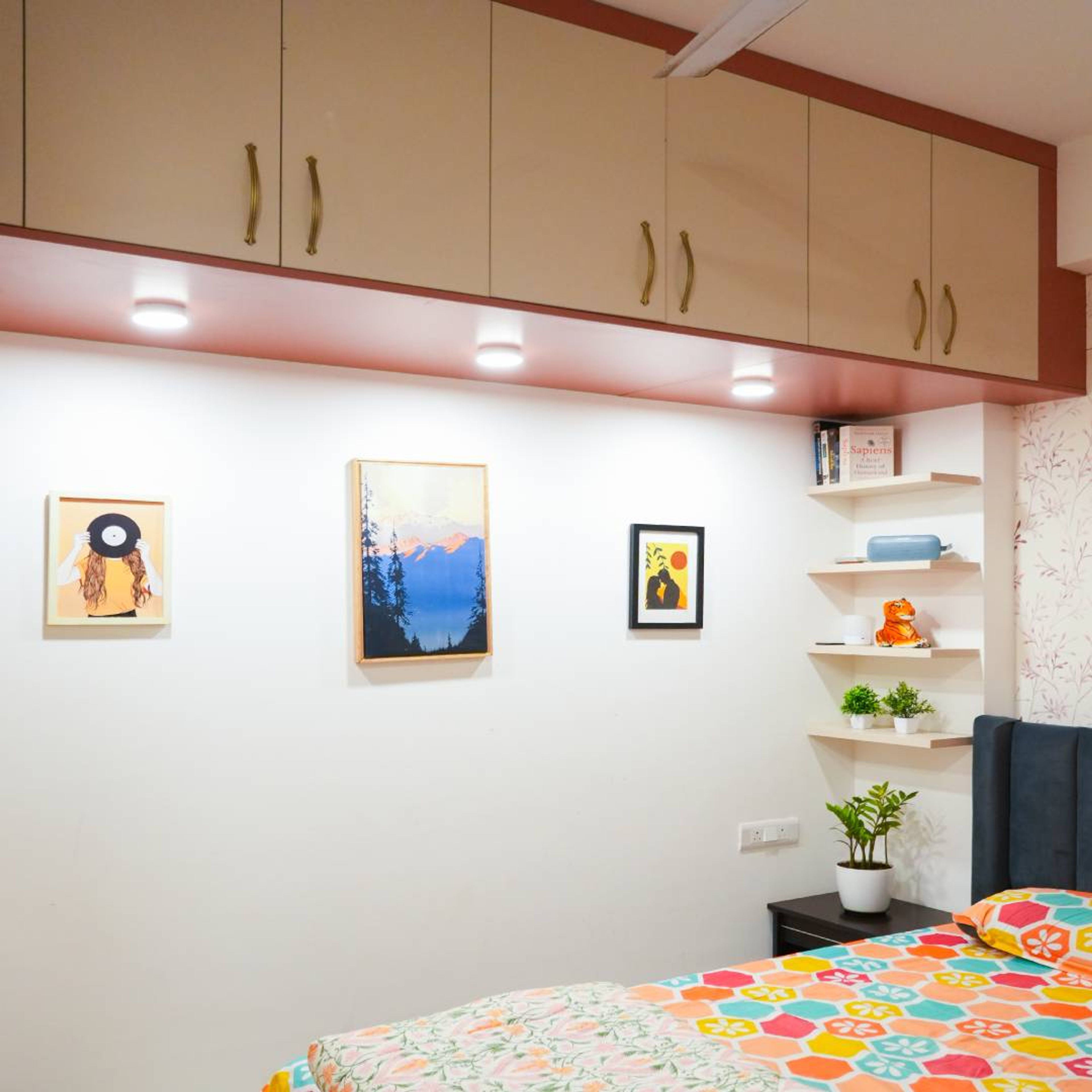 Bedroom Design with Beige Loft Unit and Wall Display Units