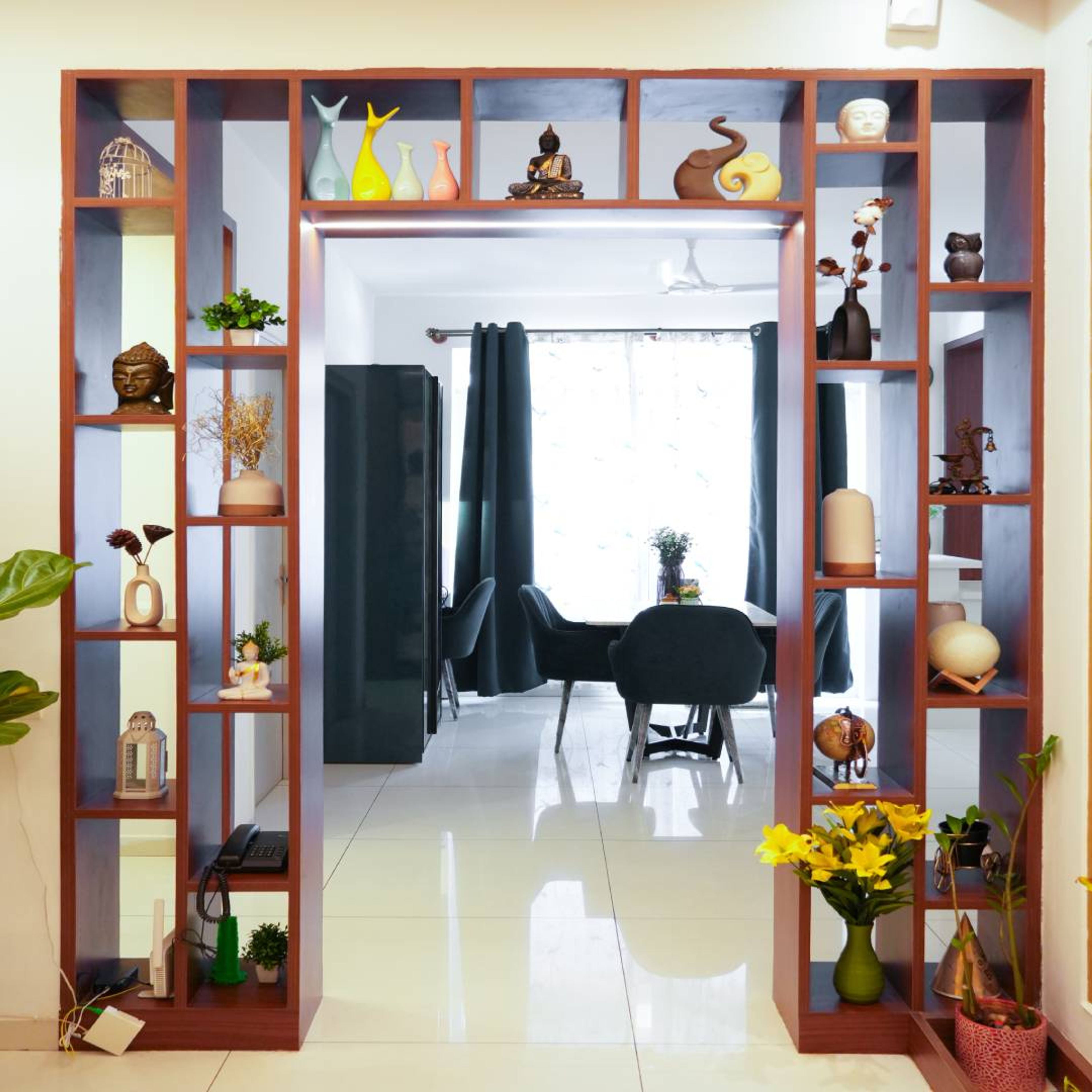 Foyer Design with Wooden Frame with Open Display Units
