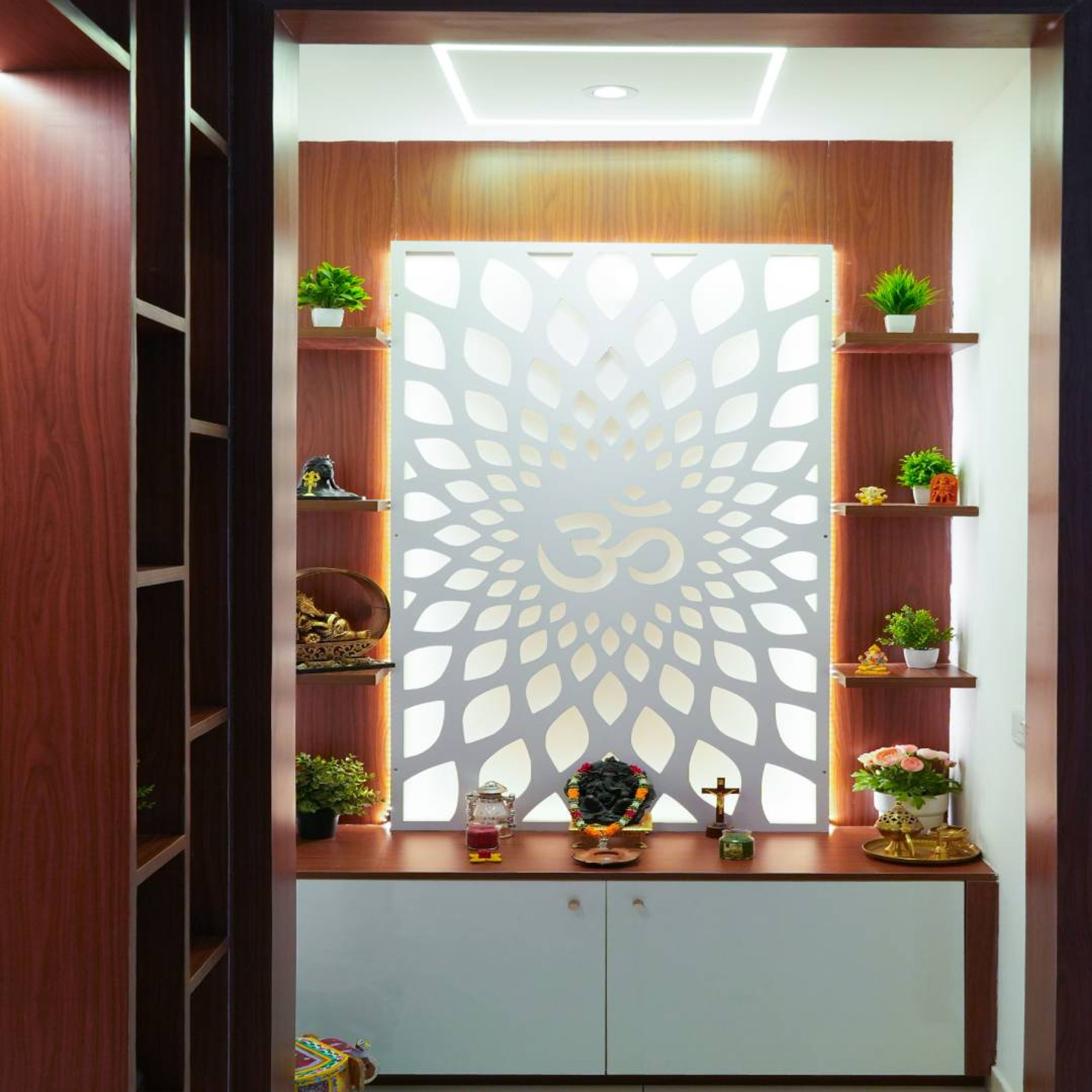 Pooja Design with White Backlit Om Engraving and Open Display Units