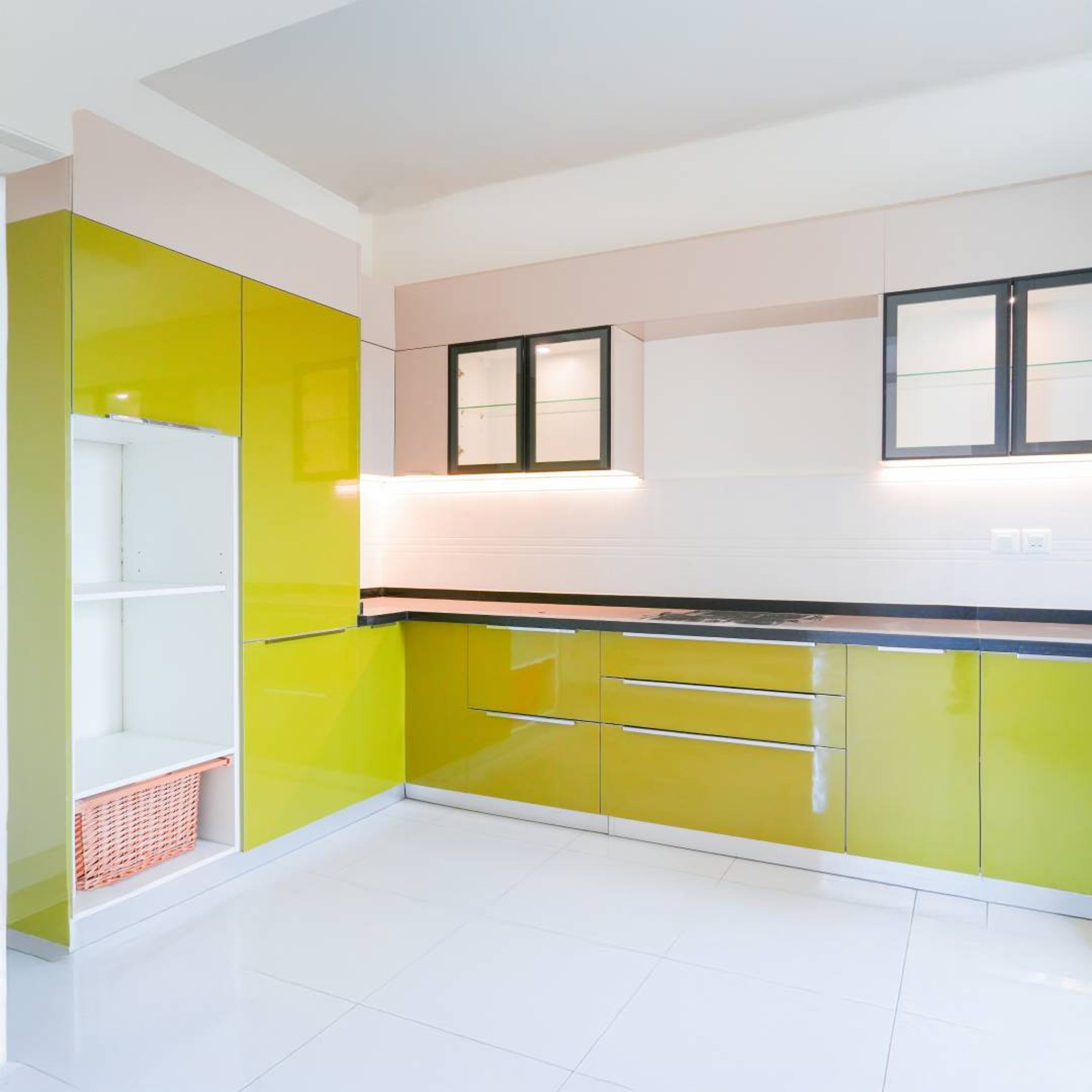 L-Shaped Kitchen Design with Yellow Tall Unit and Under Cabinet Lighting