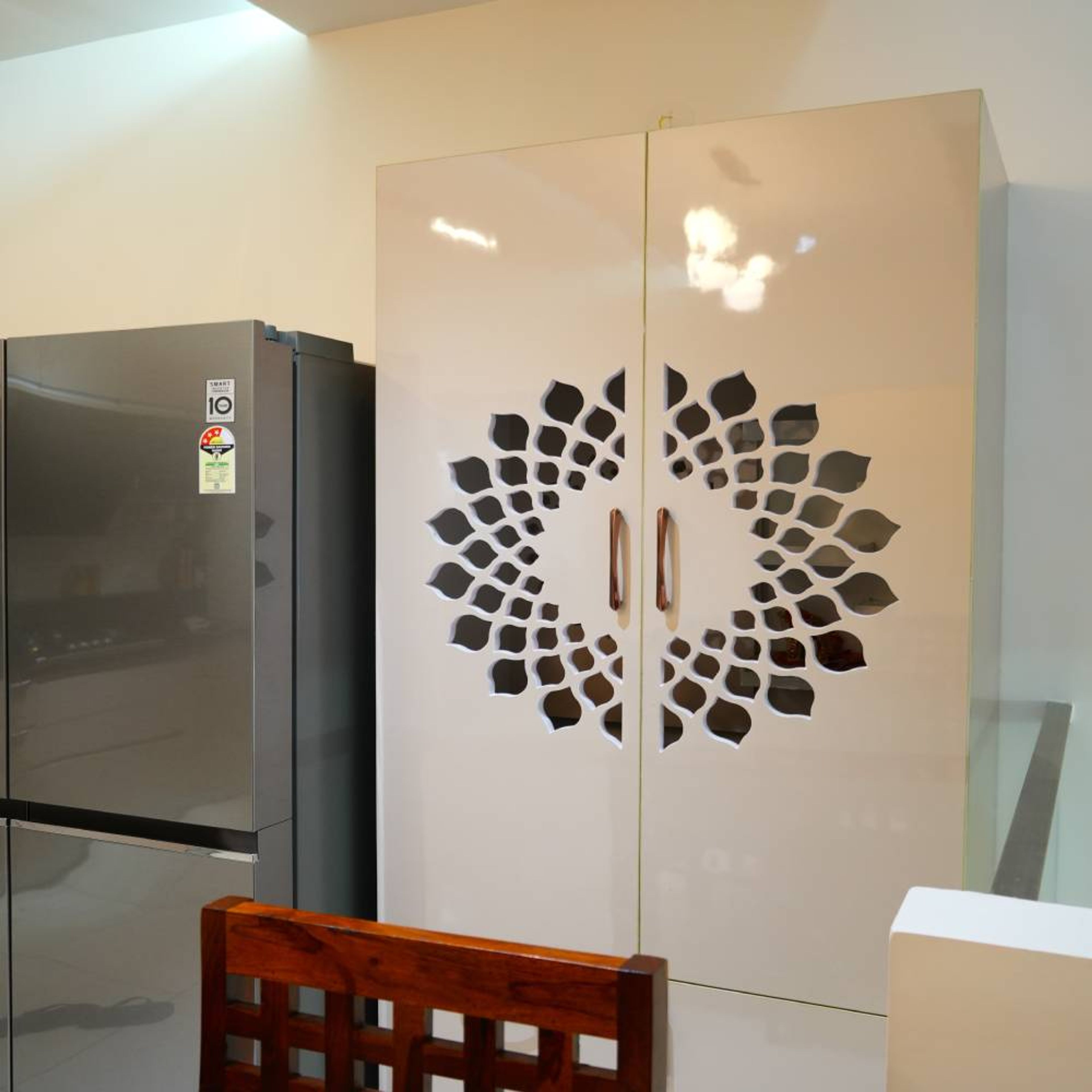 Beige Glossy Finish Closed Door Pooja Unit Design