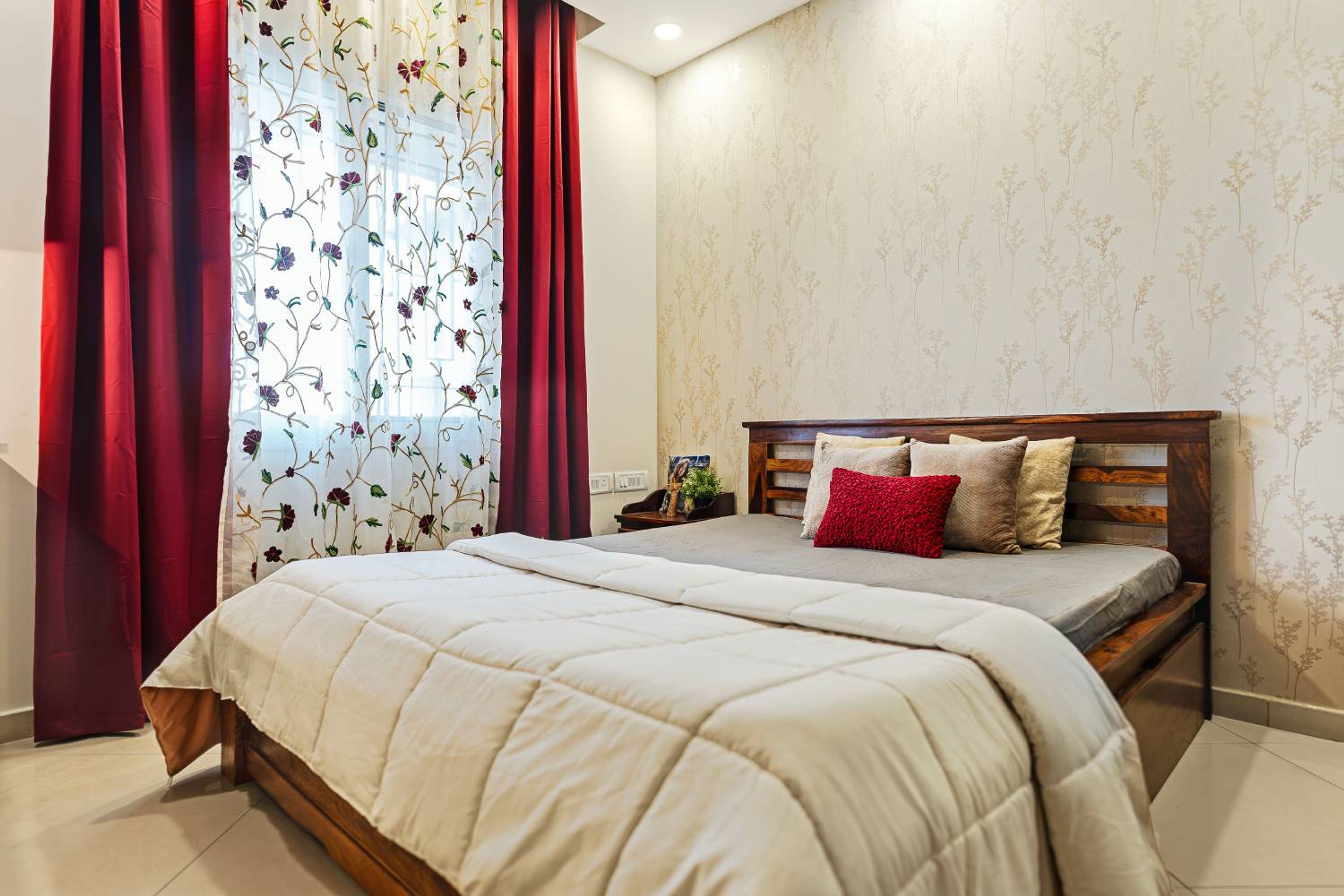 Contemporary Guest Bedroom Design with Queen Storage Bed and Botanical Wallpaper