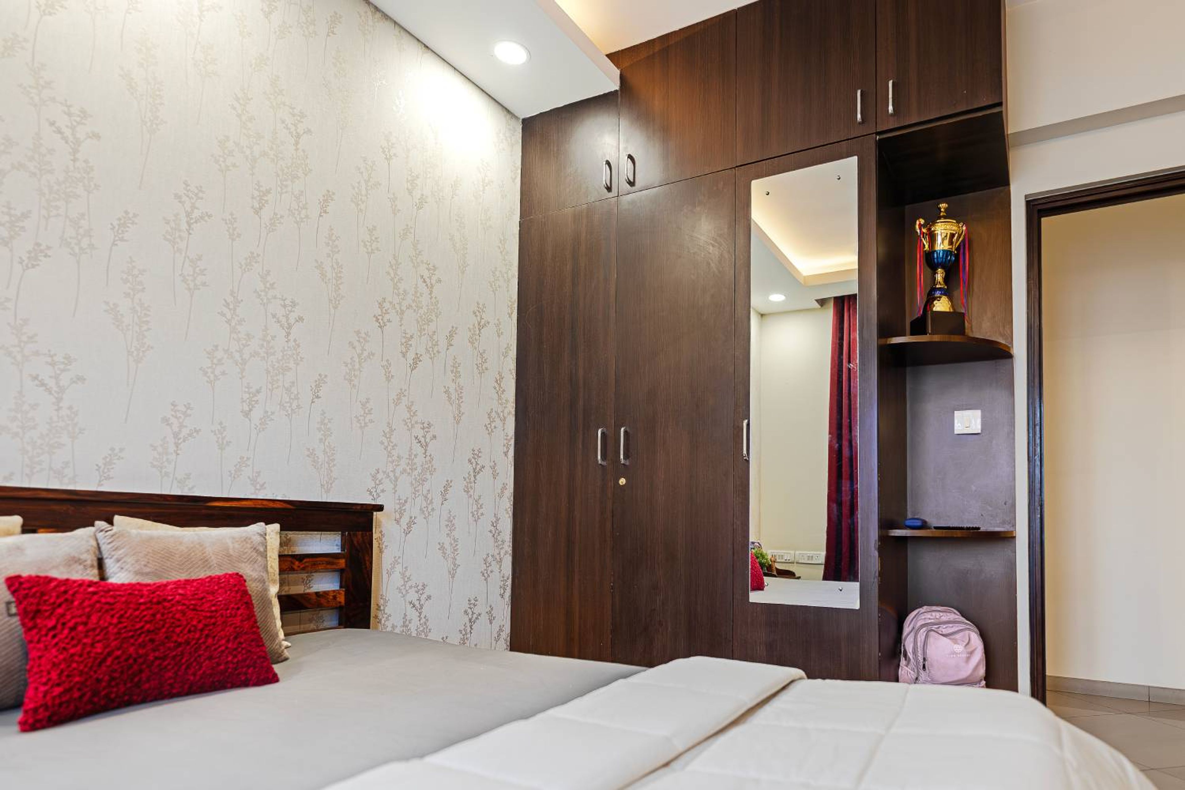 3-Door Contemporary Swing Wardrobe Design with Overhead Cabinets, Open Display and Mirror Panel