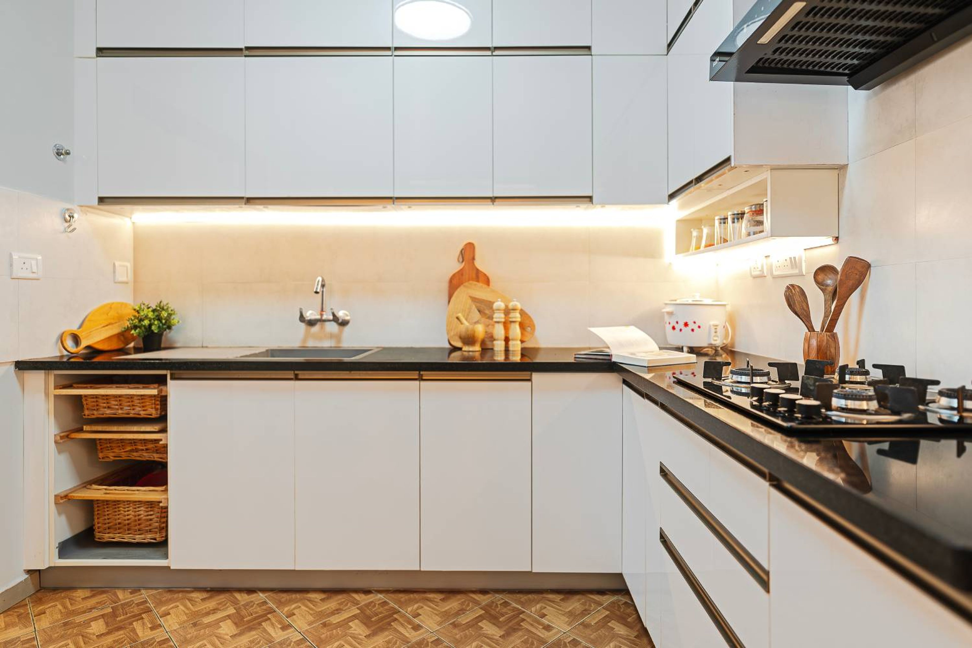 L-Shaped Kitchen Design with White Units and Under Cabinet Lighting