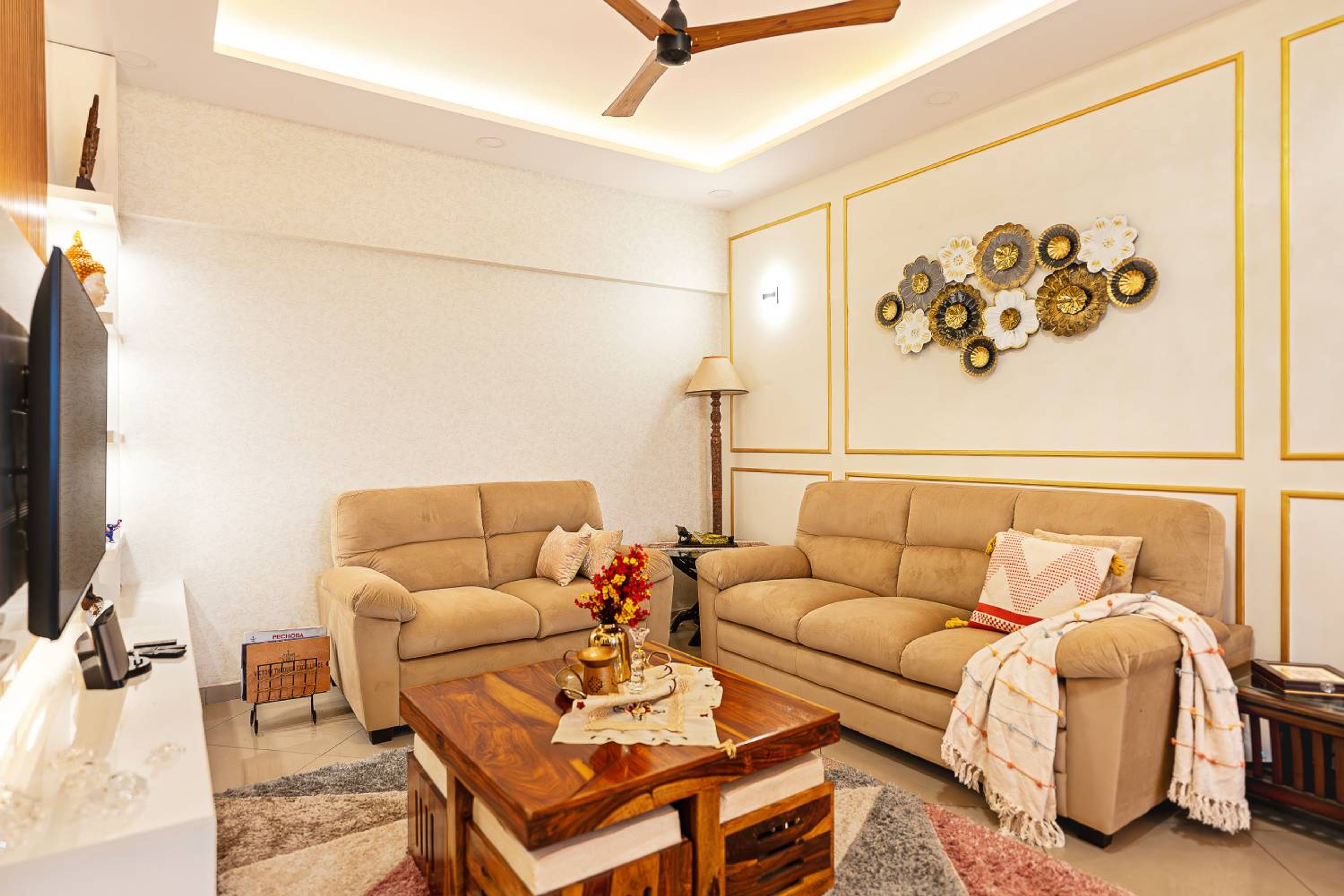 Living Room Design Featuring Grey Sofas And Wall TV Unit