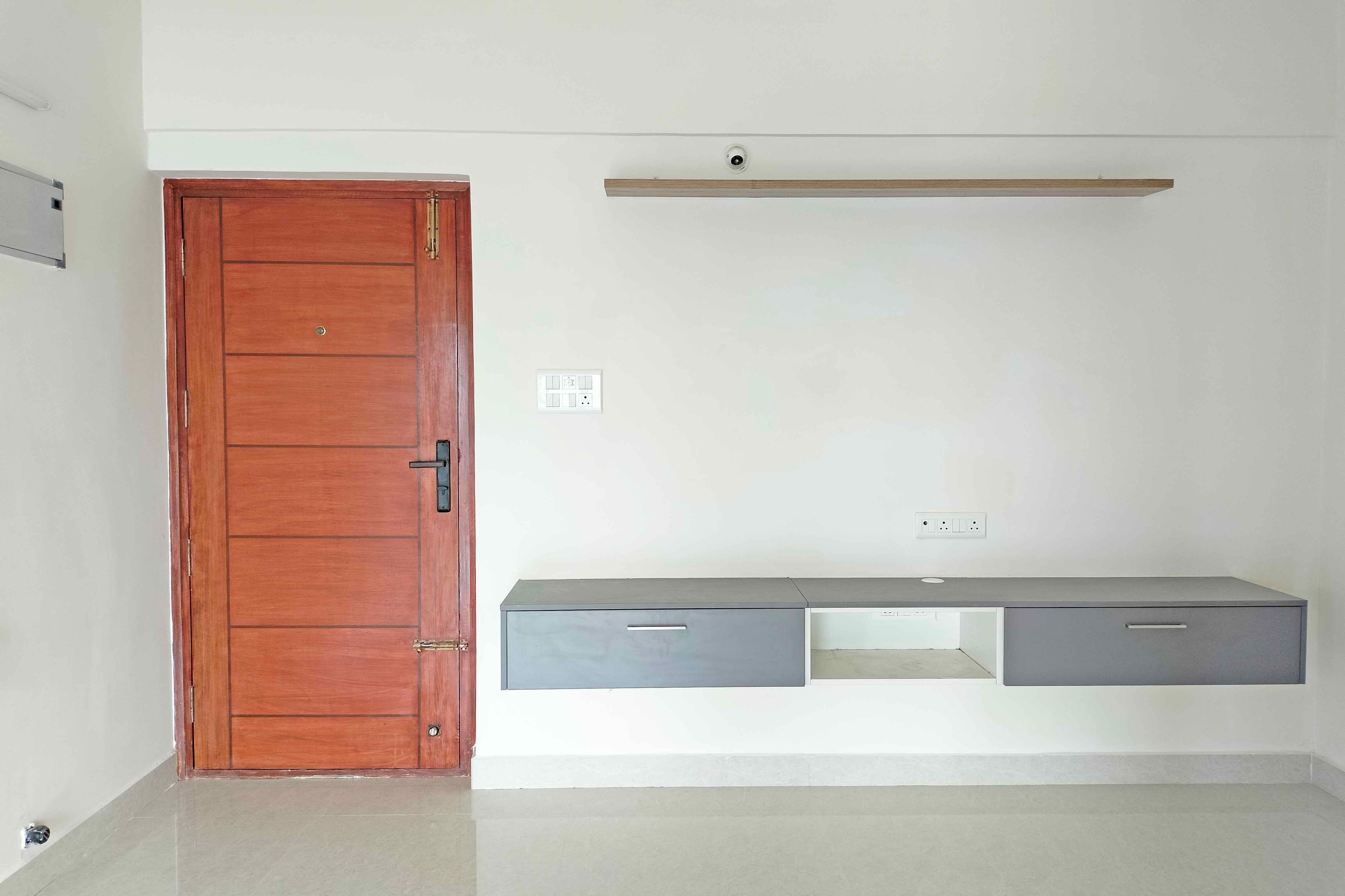 TV Unit Design with Grey Wall Mounted Drawers