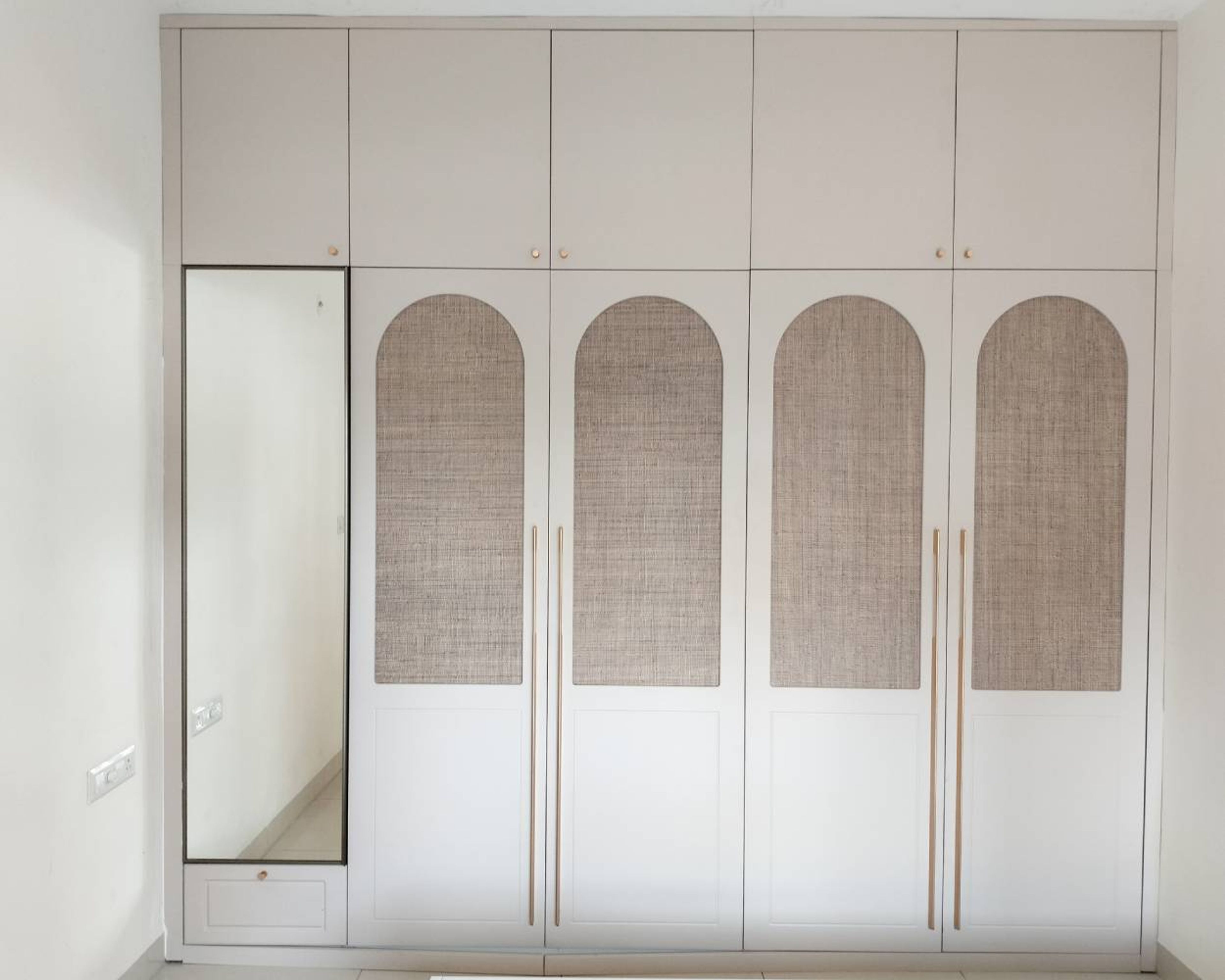 4-Door Beige Swing Wardrobe Design with Attached MIrror Unit