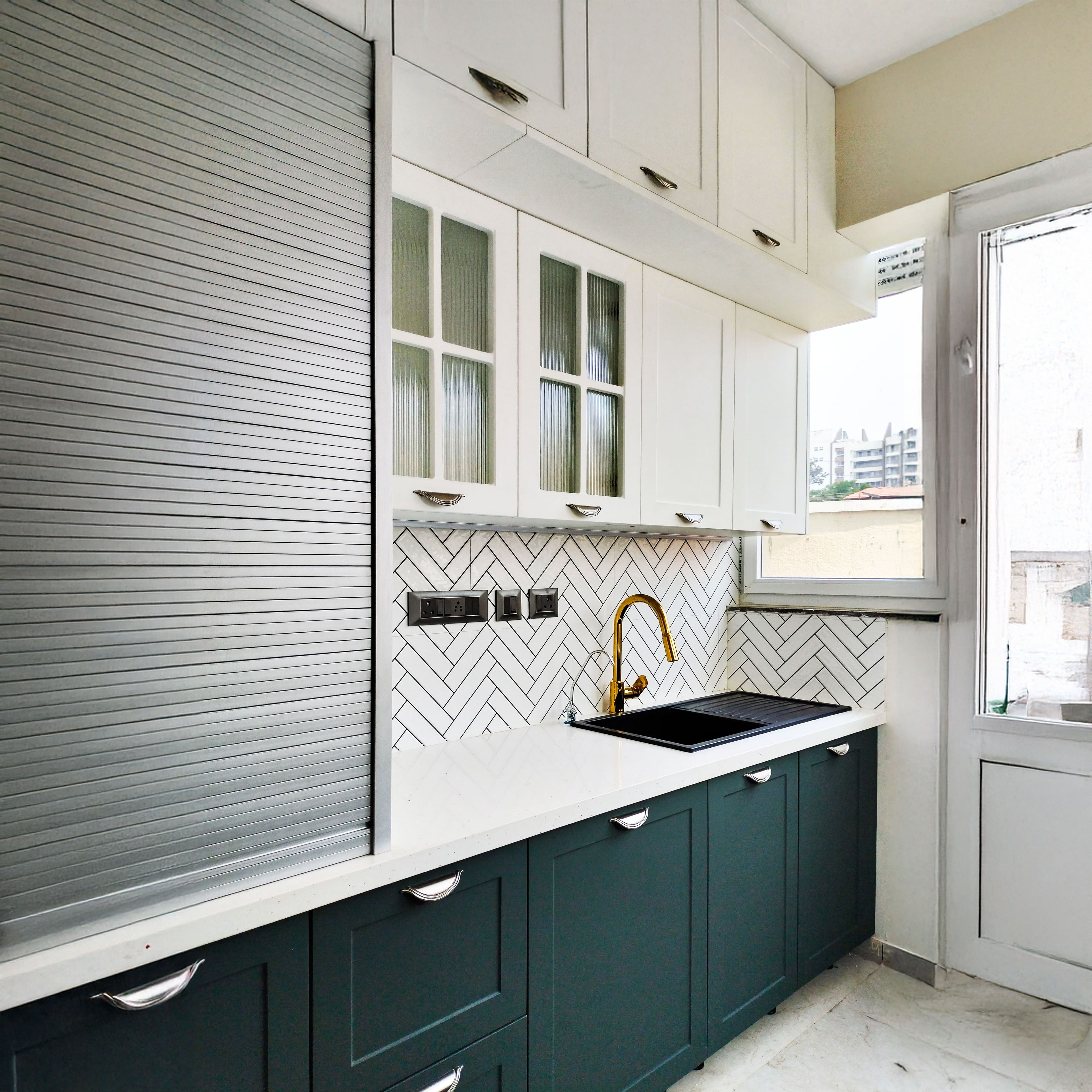 Parallel Kitchen Design with Geometric Pattern Black and White Backsplash and Grey Shutters