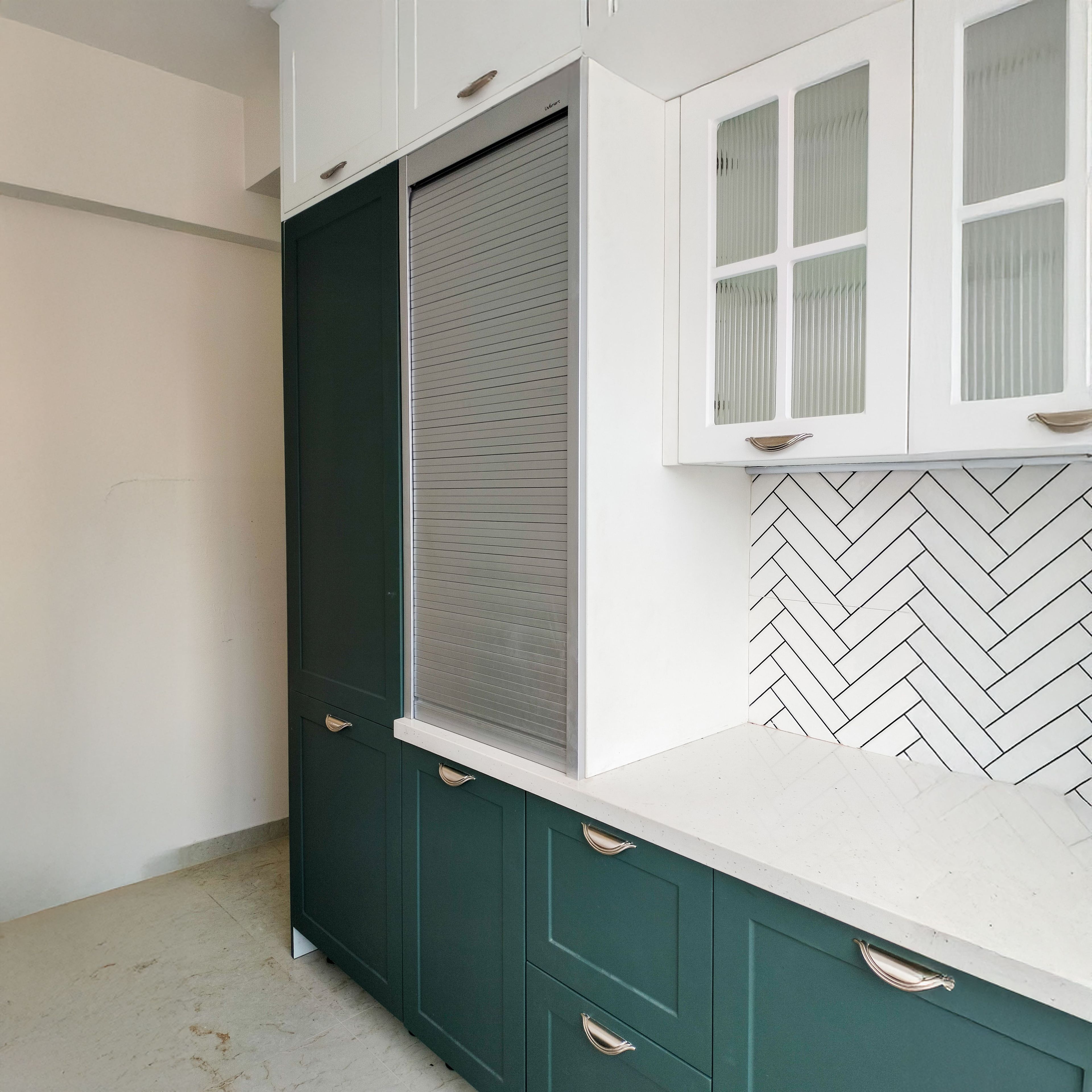 Parallel Kitchen Design with Dark Green and White Frosted Glass Shutters Wall Units