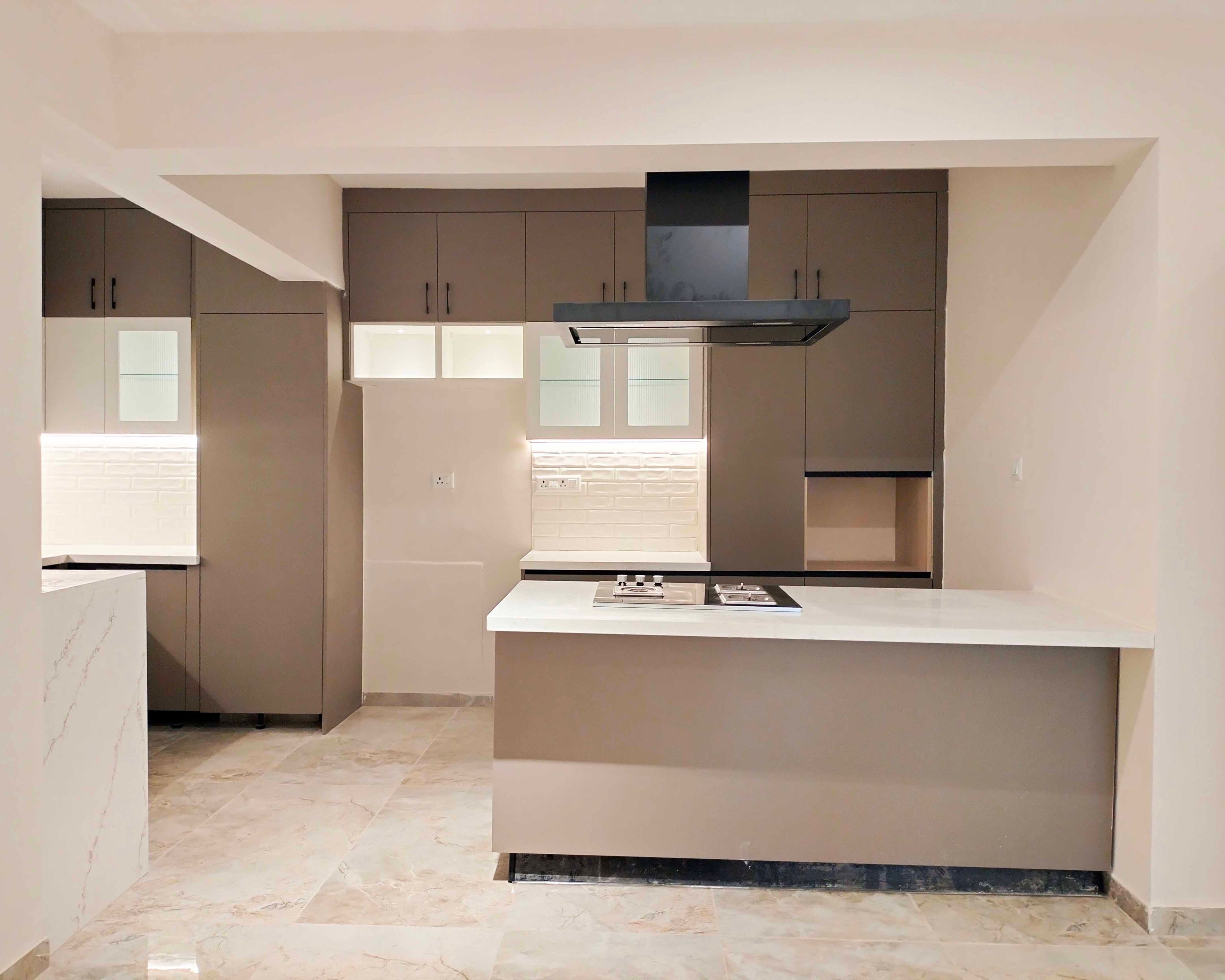 Island Kitchen Design with Brown and Biege Units