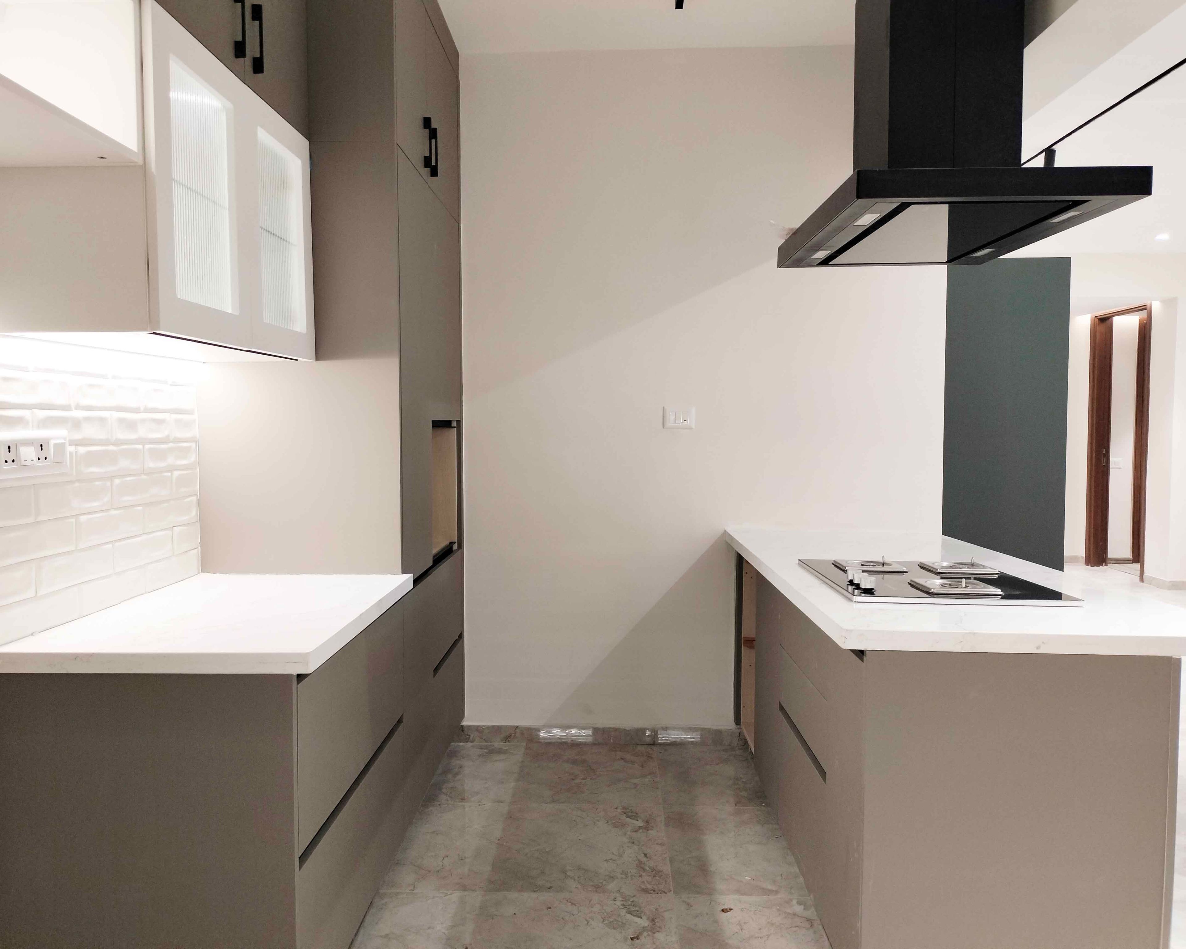 Island Kitchen Design with Quartz Countertop and Brown and Biege Units