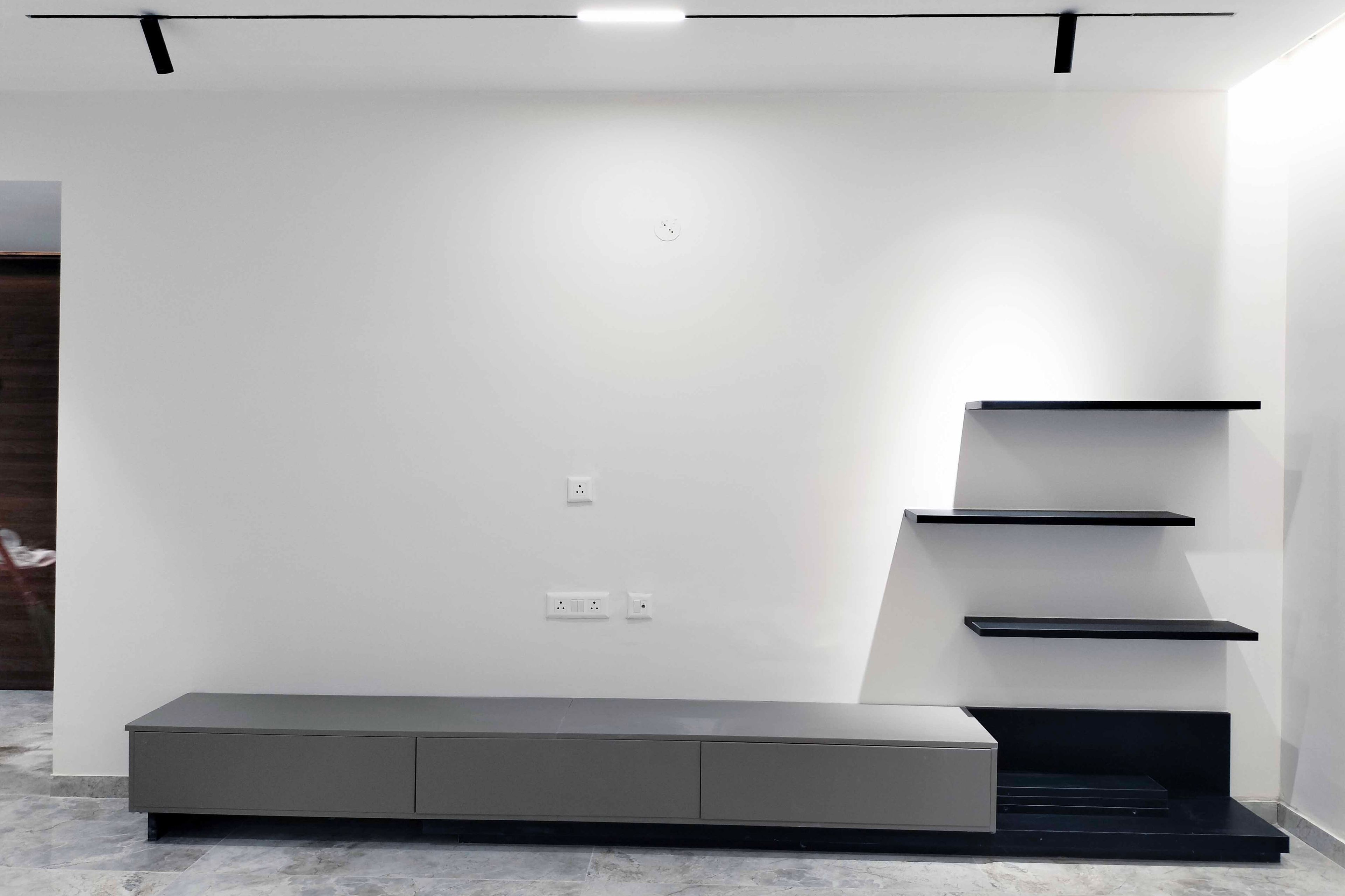 TV Unit Design with Grey Drawers and Dark Blue Open Shelves