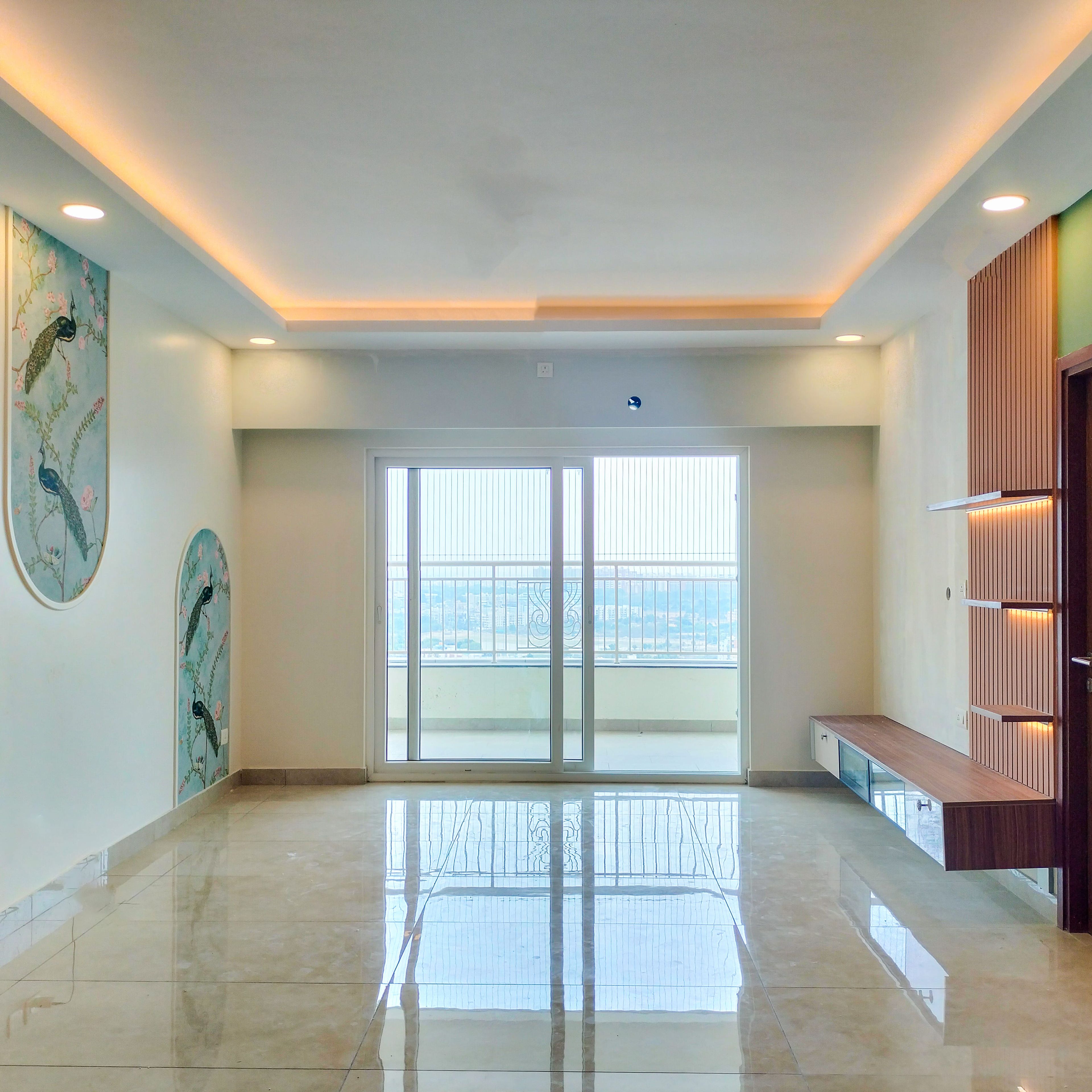 Living Room Design with Arched Wall with Peacock Design and Wooden TV Unit