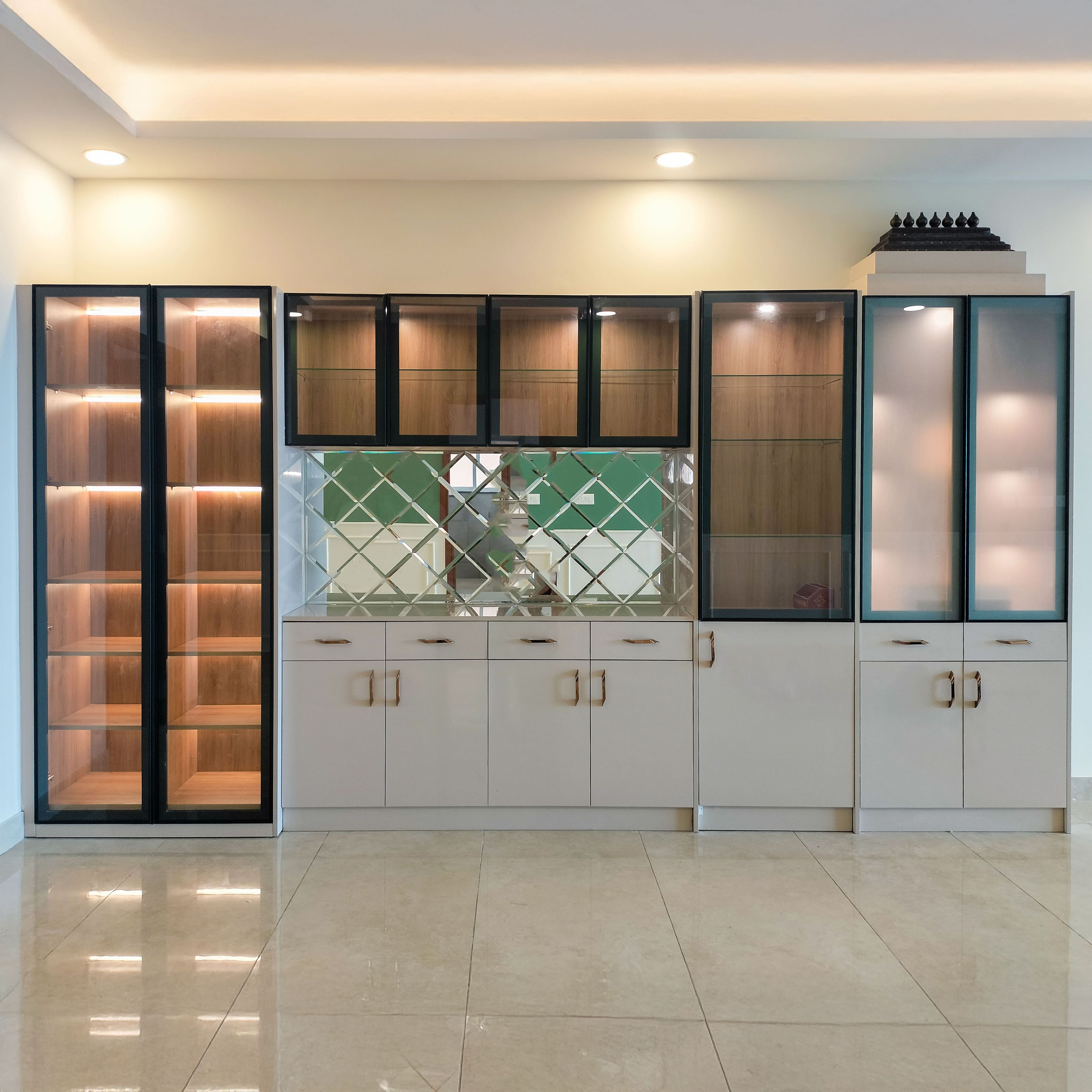 Crockery Unit Design with Beige Cabinets, Glass Shutter Wall Units and Tall Unit