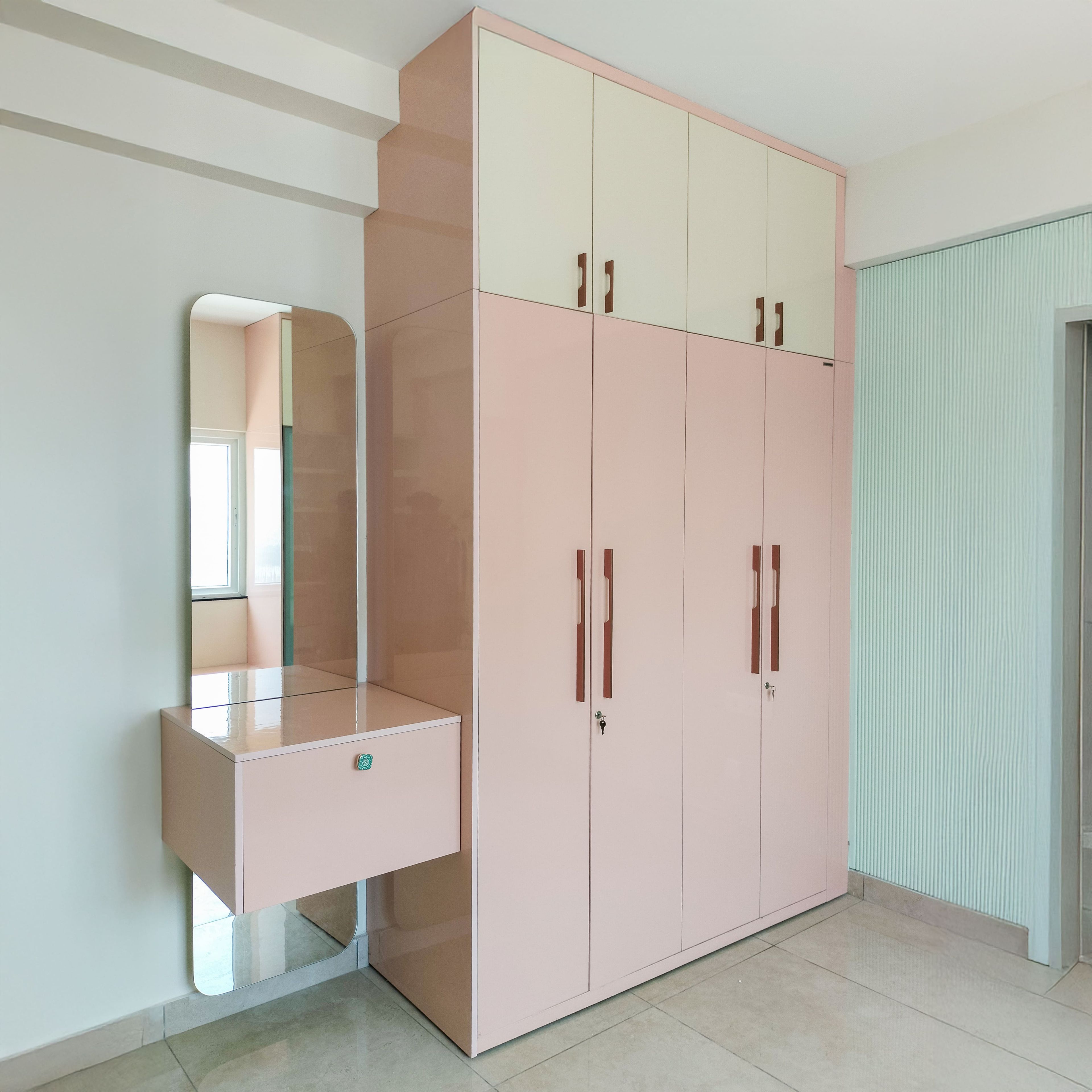 4-Door Pink Swing Wardrobe Design with Dressing Unit