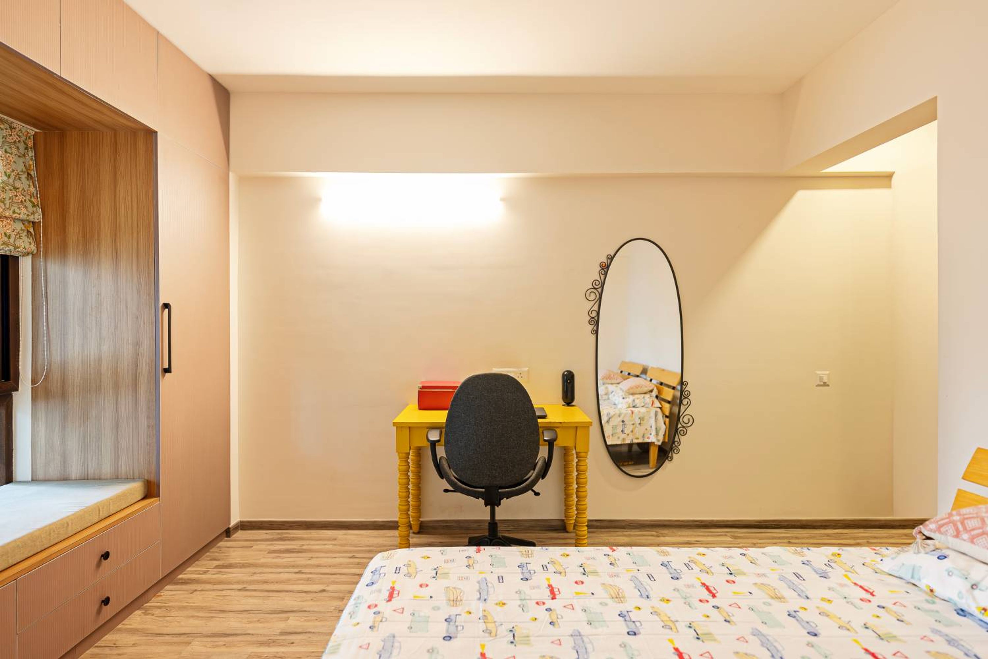 Classic Home Office Design Featuring Yellow Desk and Mirror