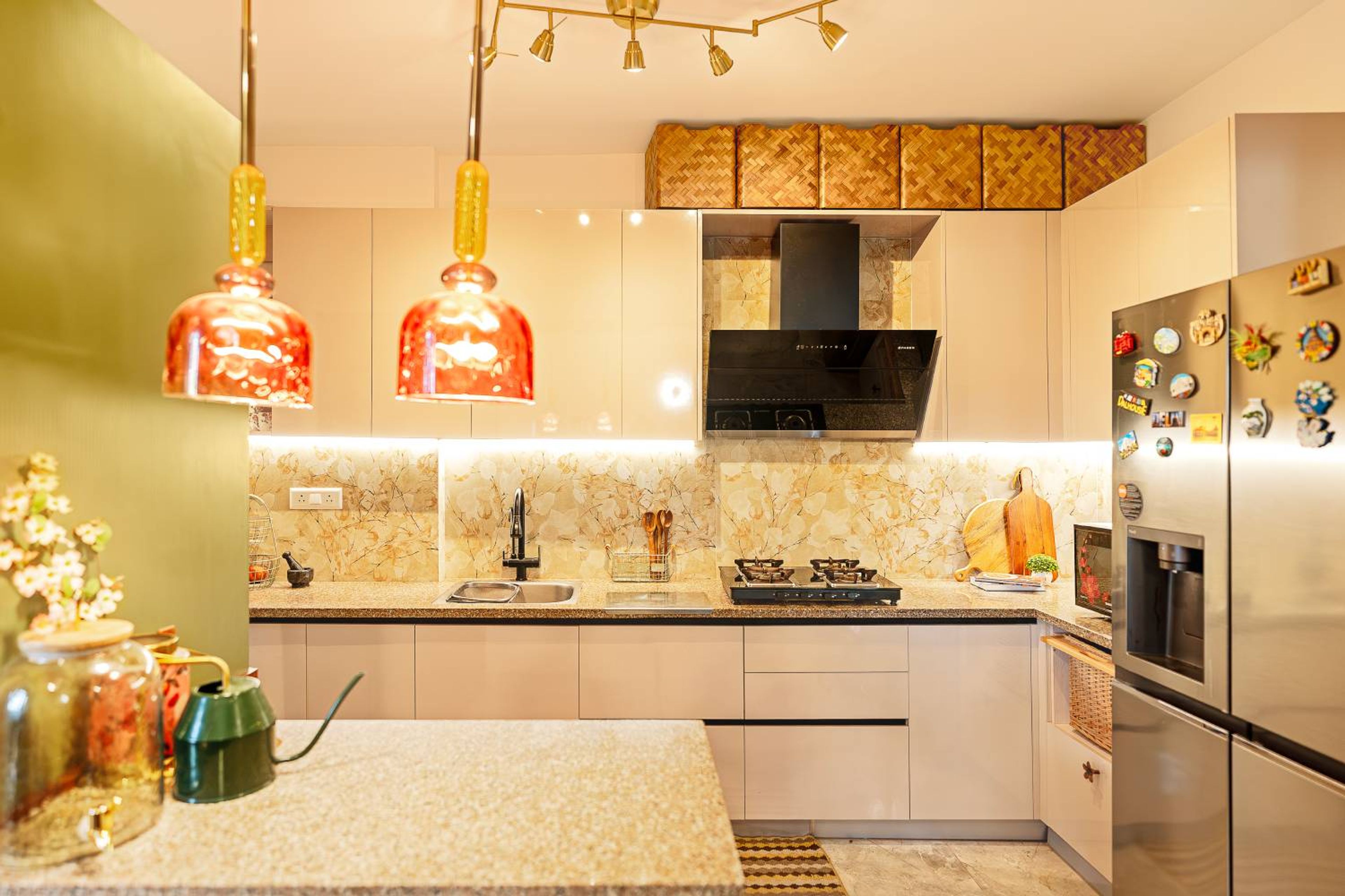 Open Kitchen Design with Granite Island and Mosaic Backsplash