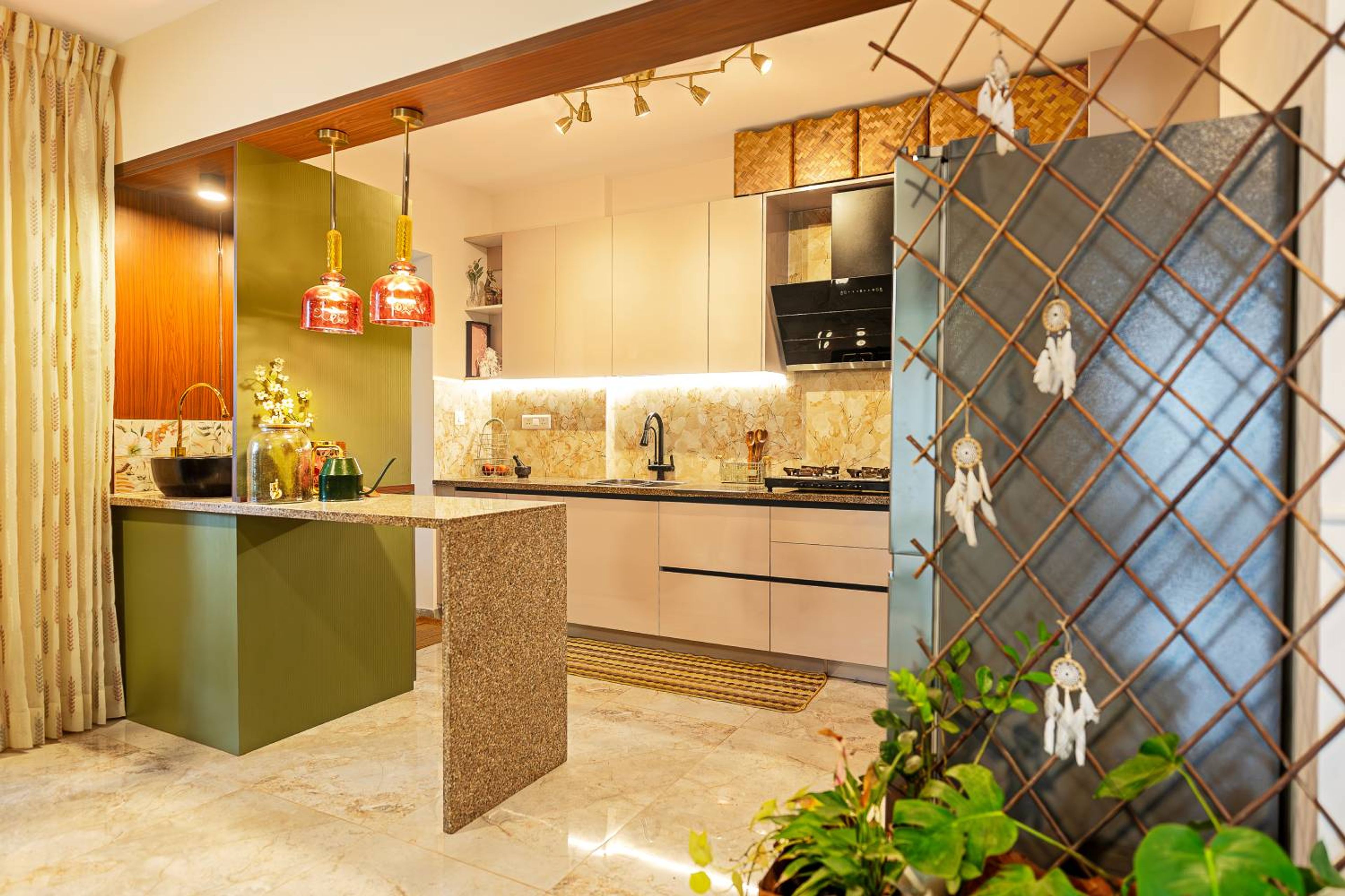 Modern Open Kitchen Design with Granite Island and Mosaic Backsplash