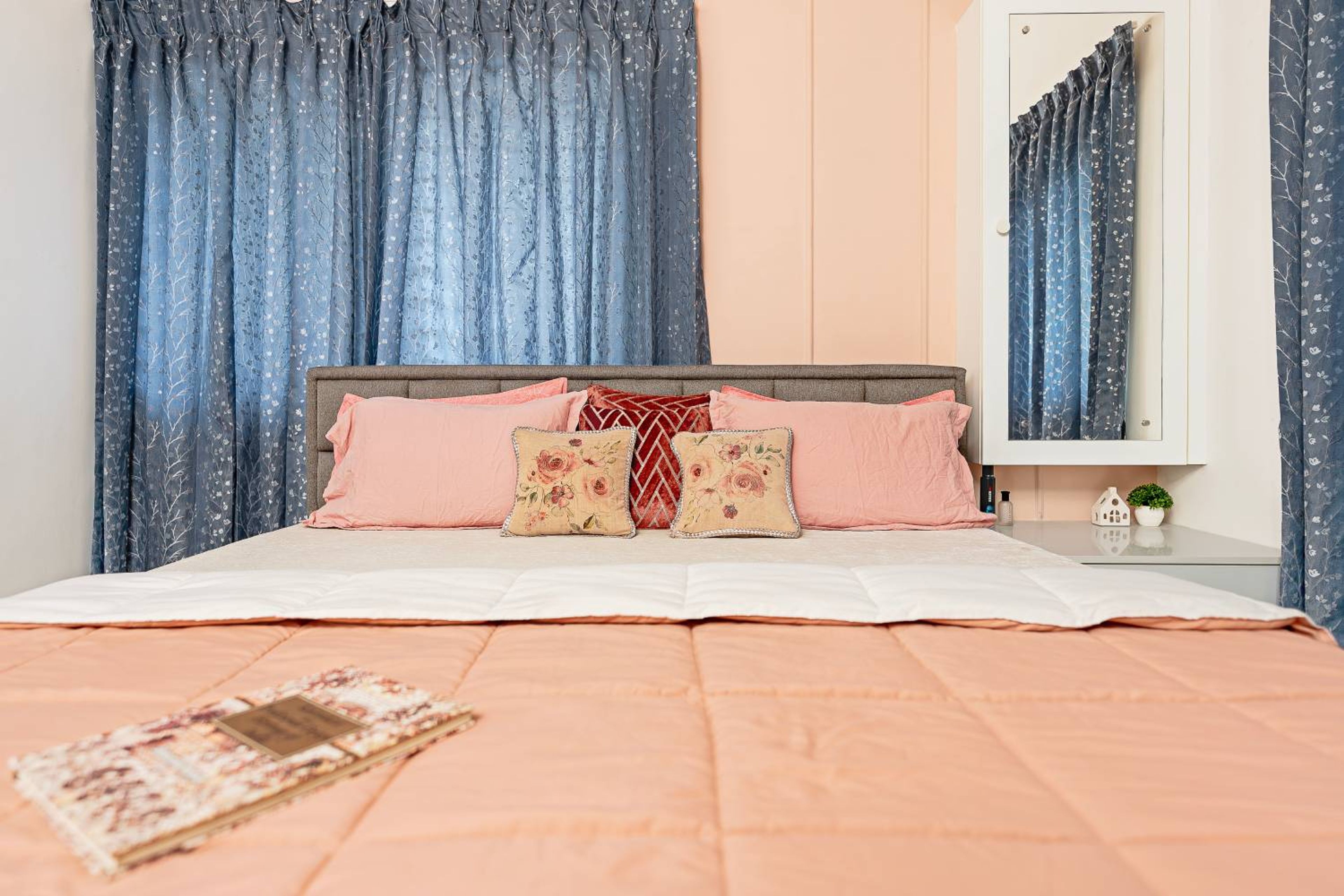 Bedroom Design with Grey Bed and White Storage Integrated Dressing Unit