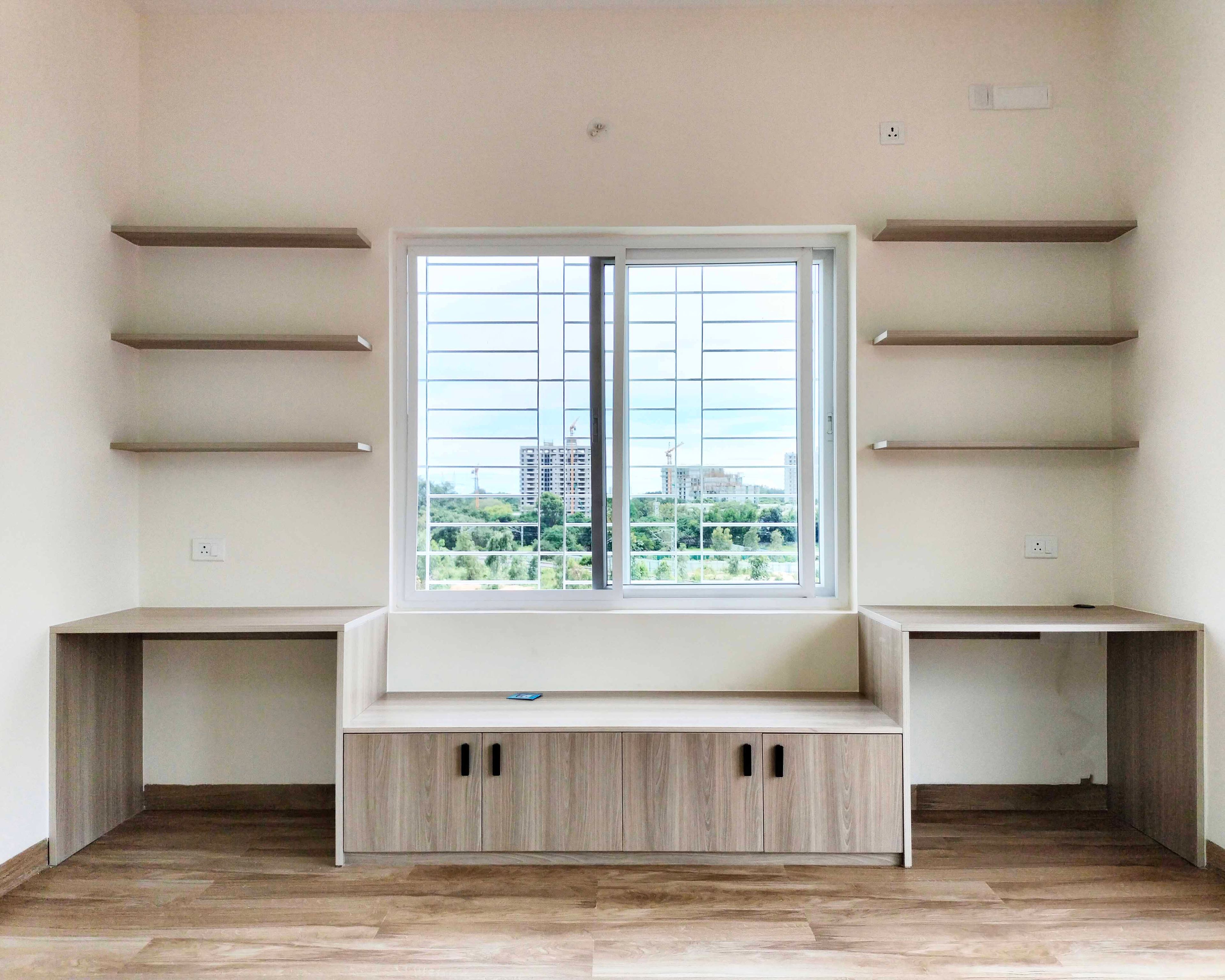 Dual Study Unit Design with Wooden Seating Storage Bench and Wall Shelves