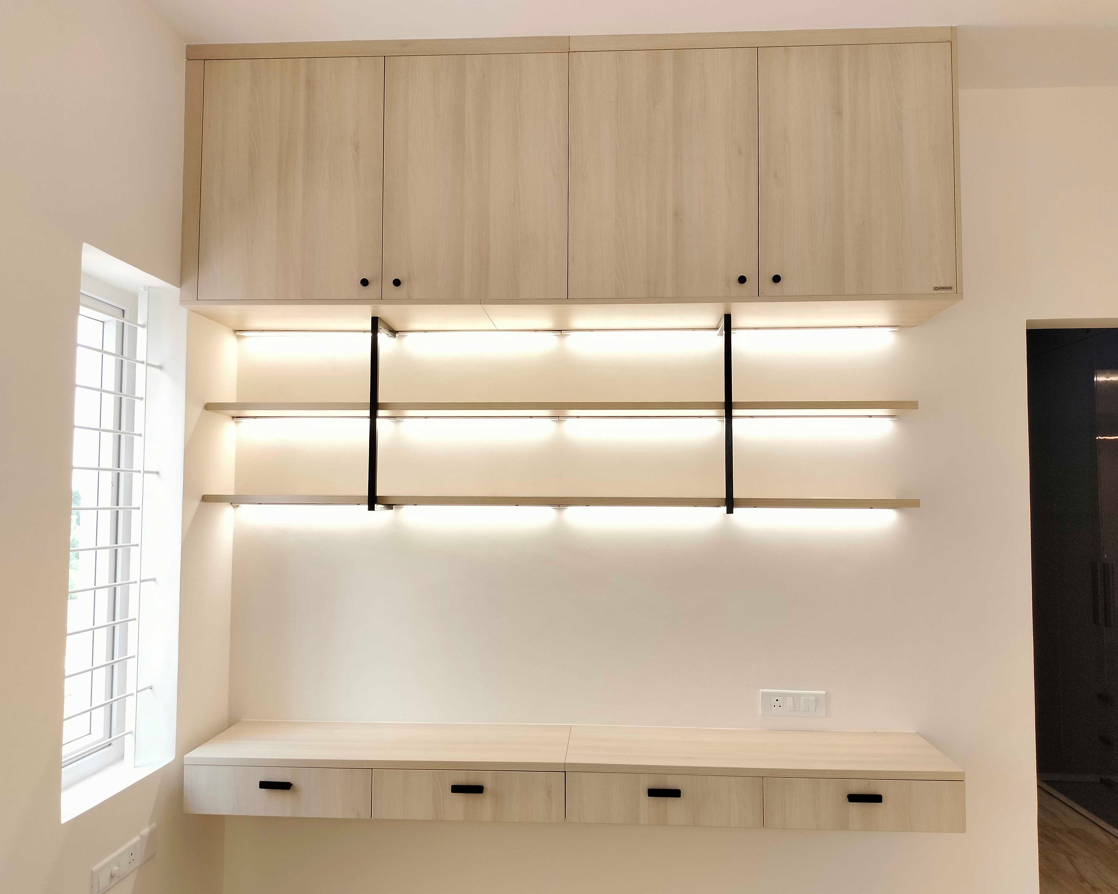 Study Space with Wall Mounted Wood Desk, Cabinets and Wooden Shelves