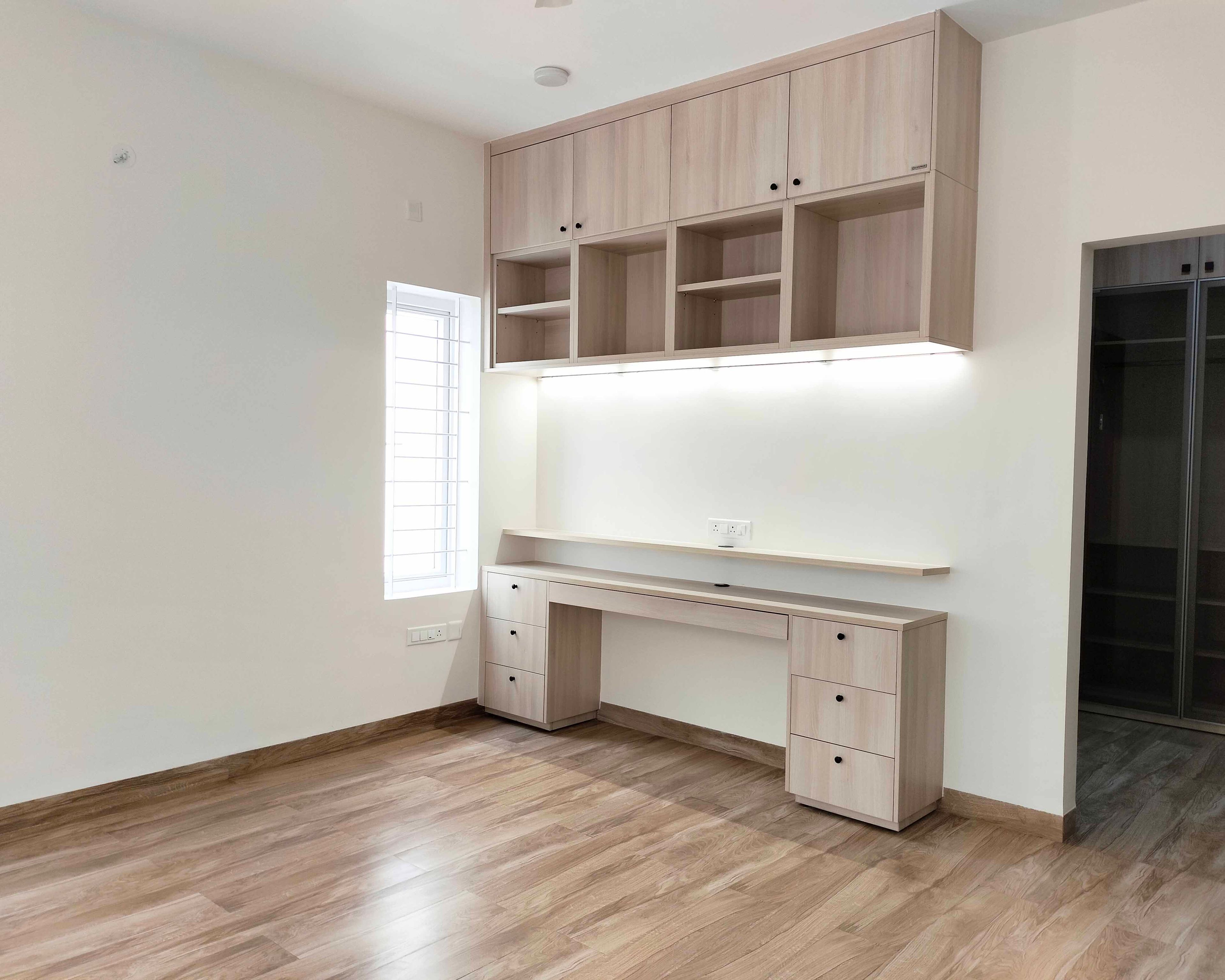 Study Unit with Wooden Wall Mounted Open and Closes Shelves and Cabinets