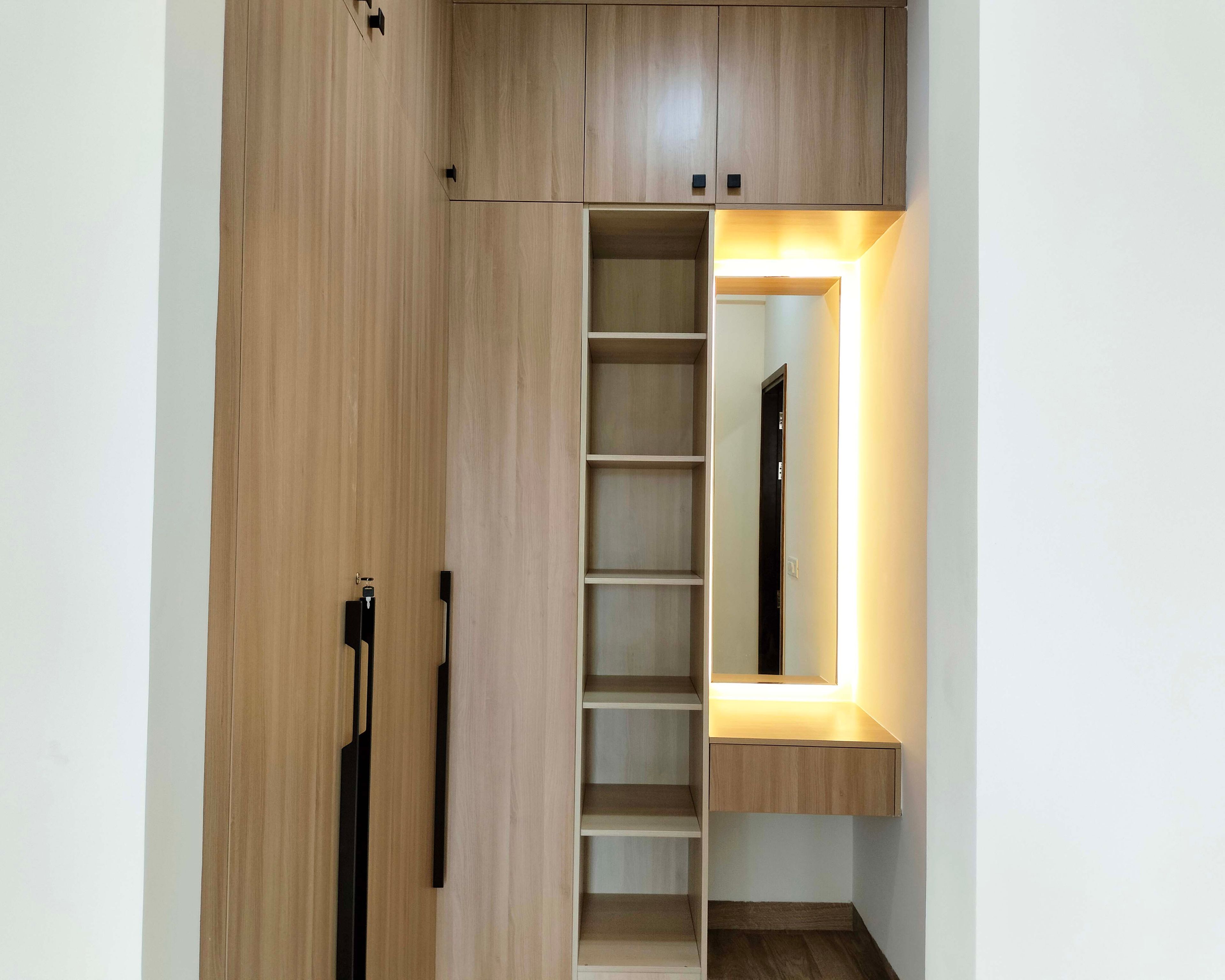 3-Door Natural Wood Swing Wardrobe Design with Open Tall Unit and Dressing Unit
