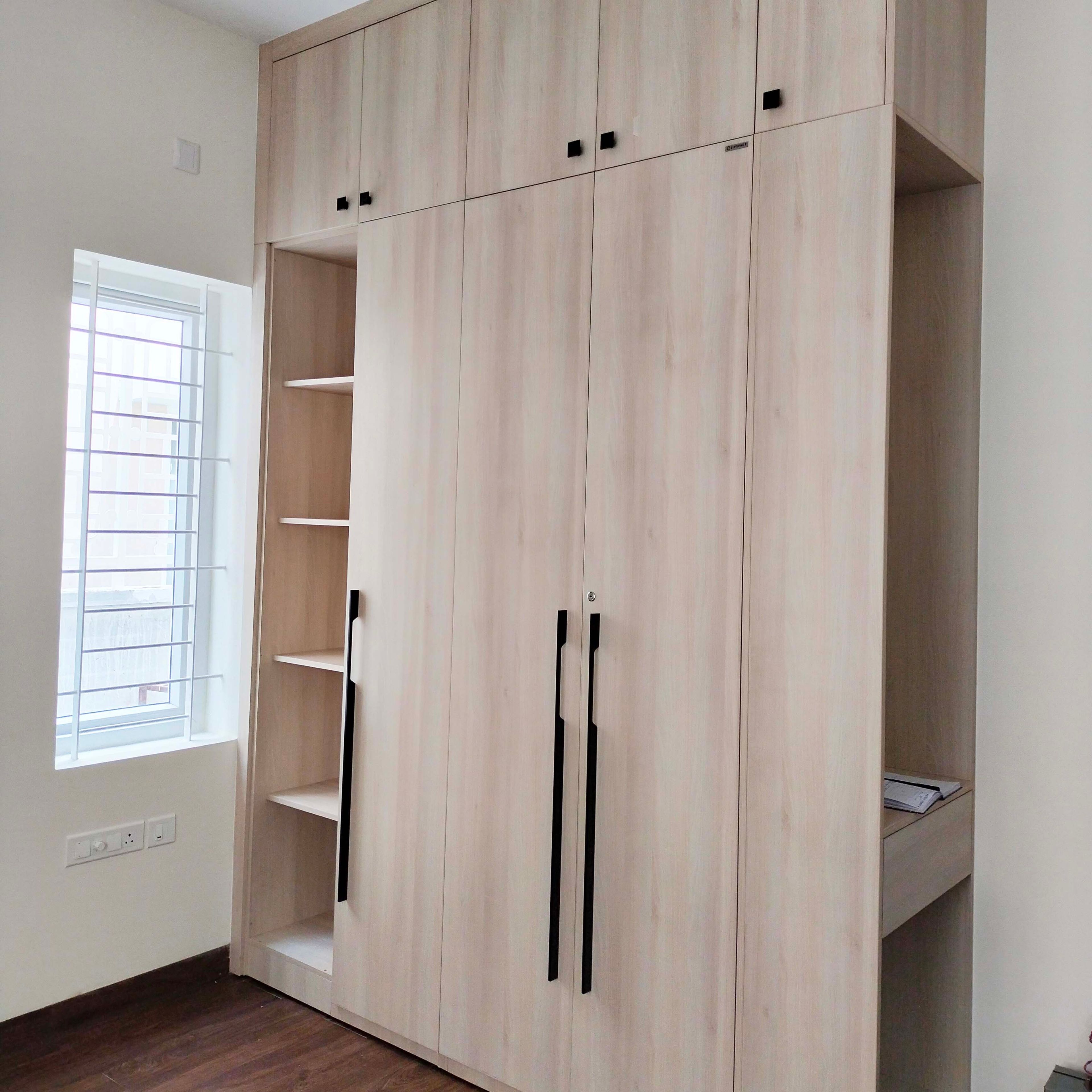 3-Door Natural Wood Swing Wardrobe Design with Two Open Tall Units