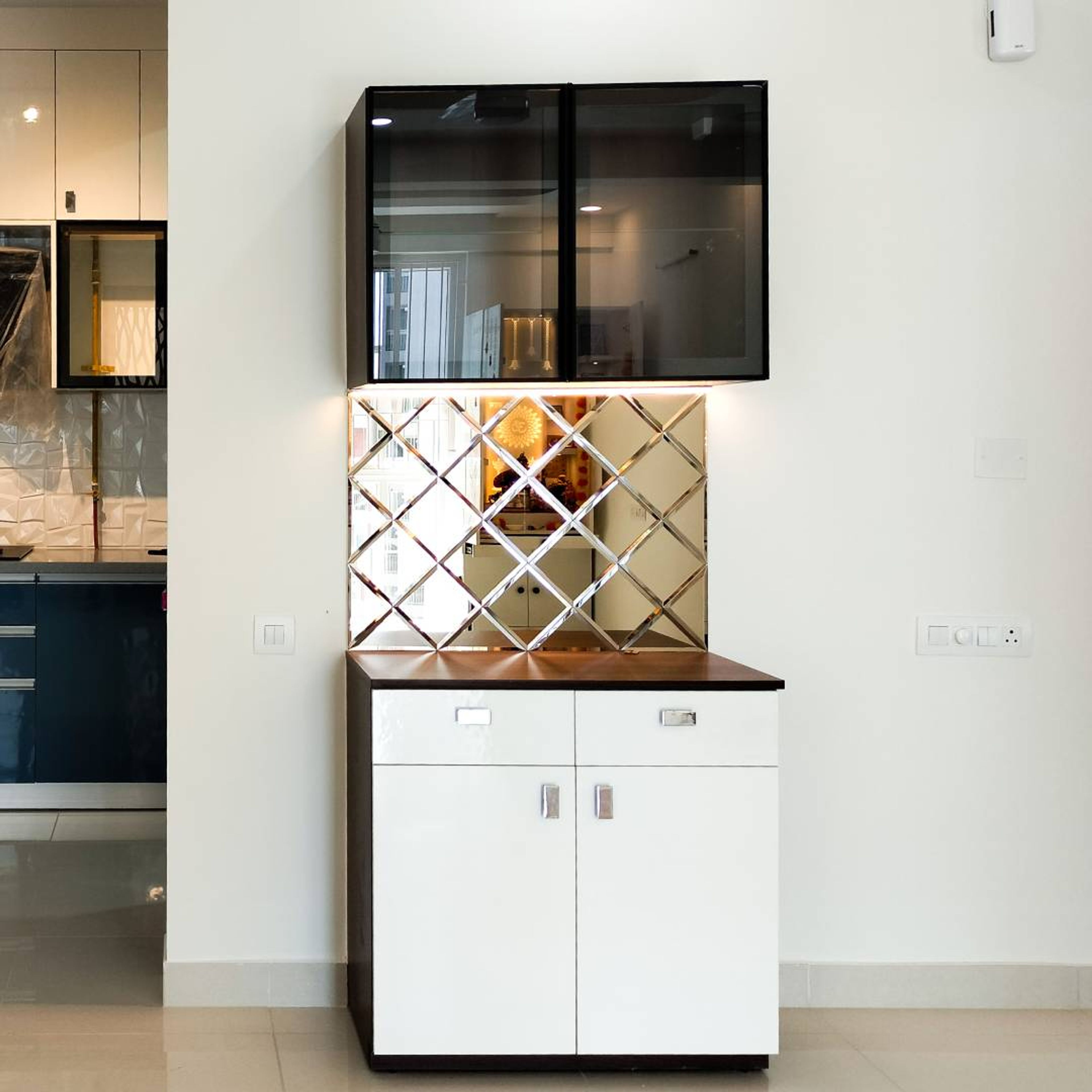 Modern Crockery Design with White Base Units and Black Tinted Glass Units