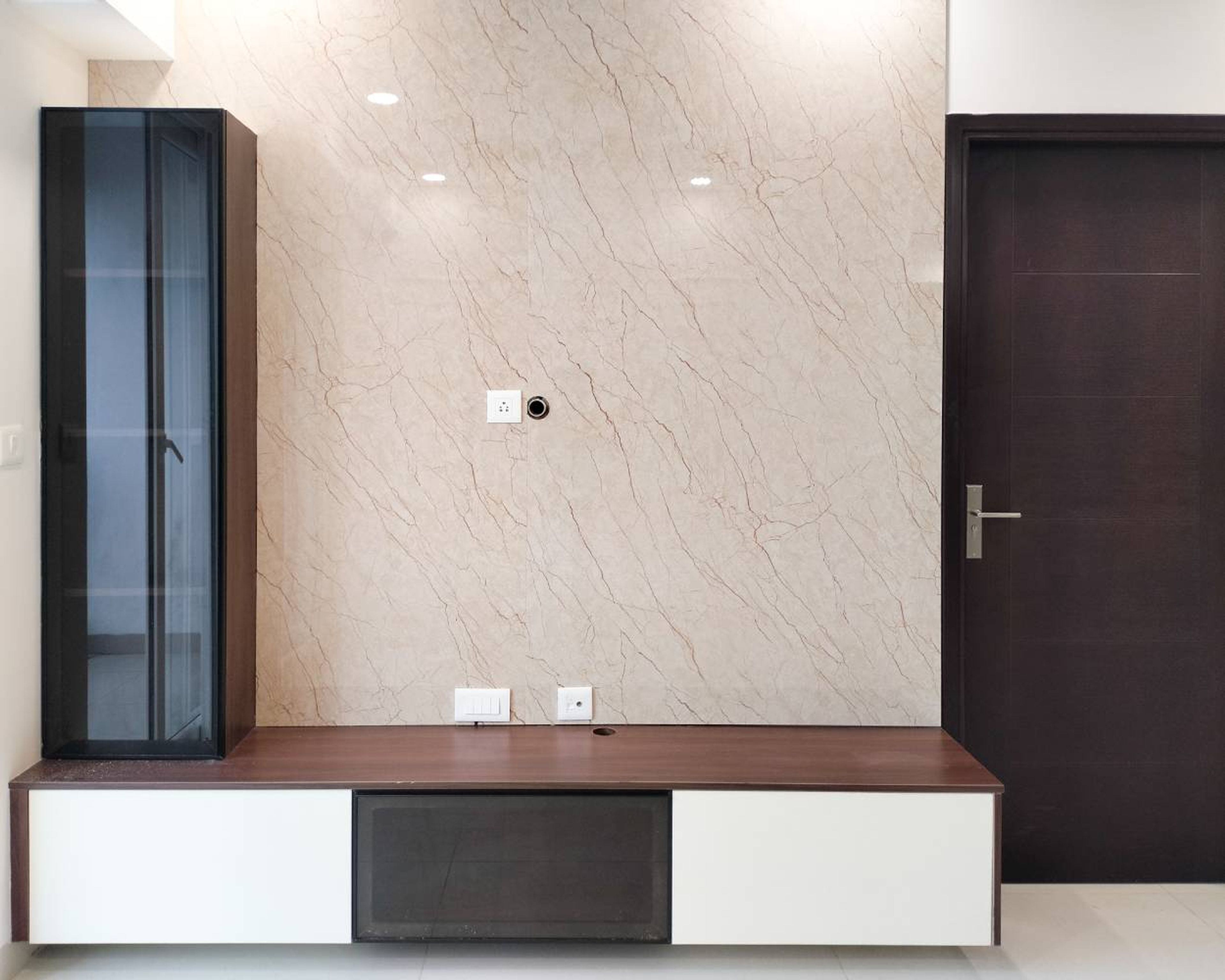 TV Unit Design with Marble Patterned Wall and Wooden Drawers