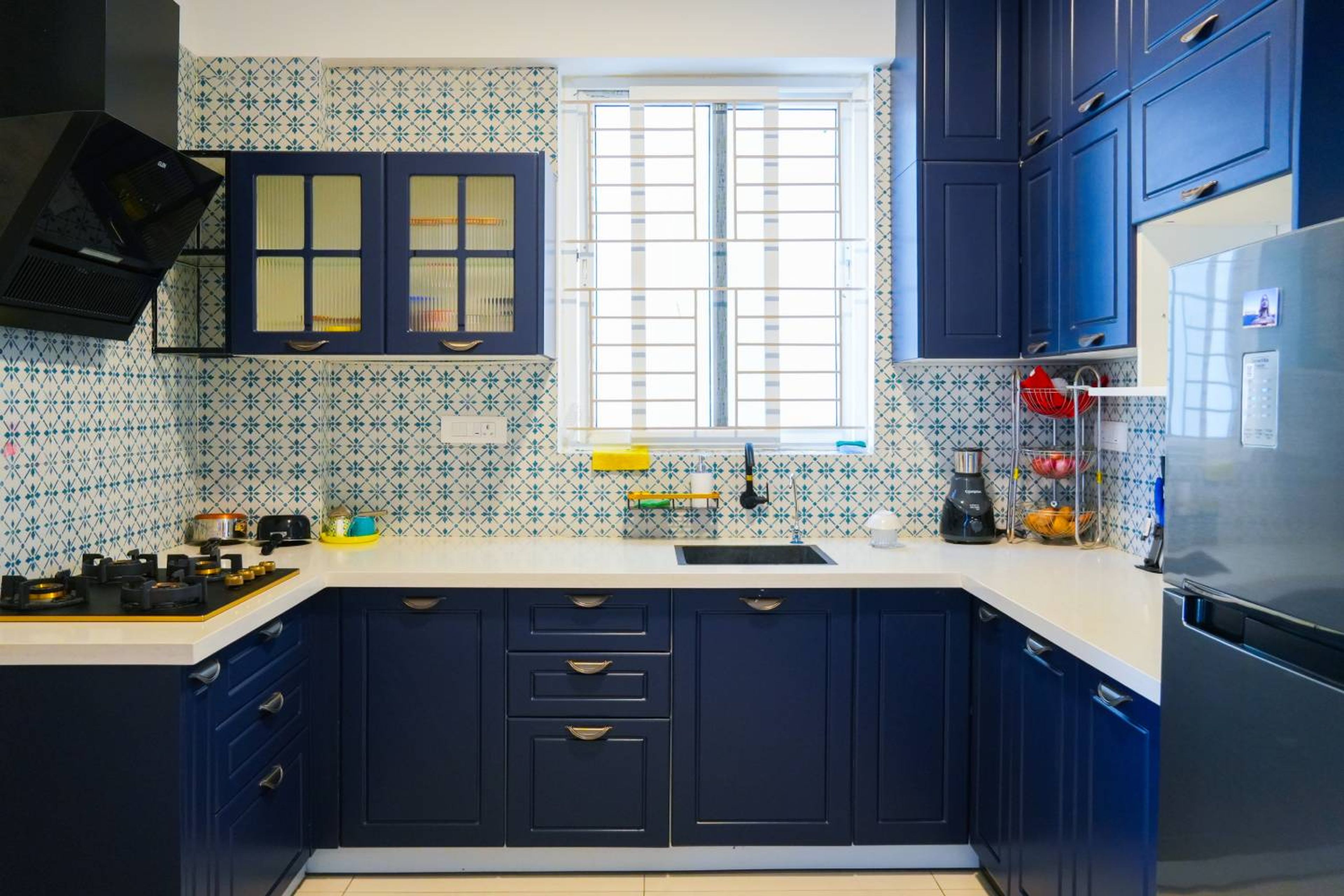 U-Shaped Kitchen Design with Dark Blue Profile Shutter Cabinets