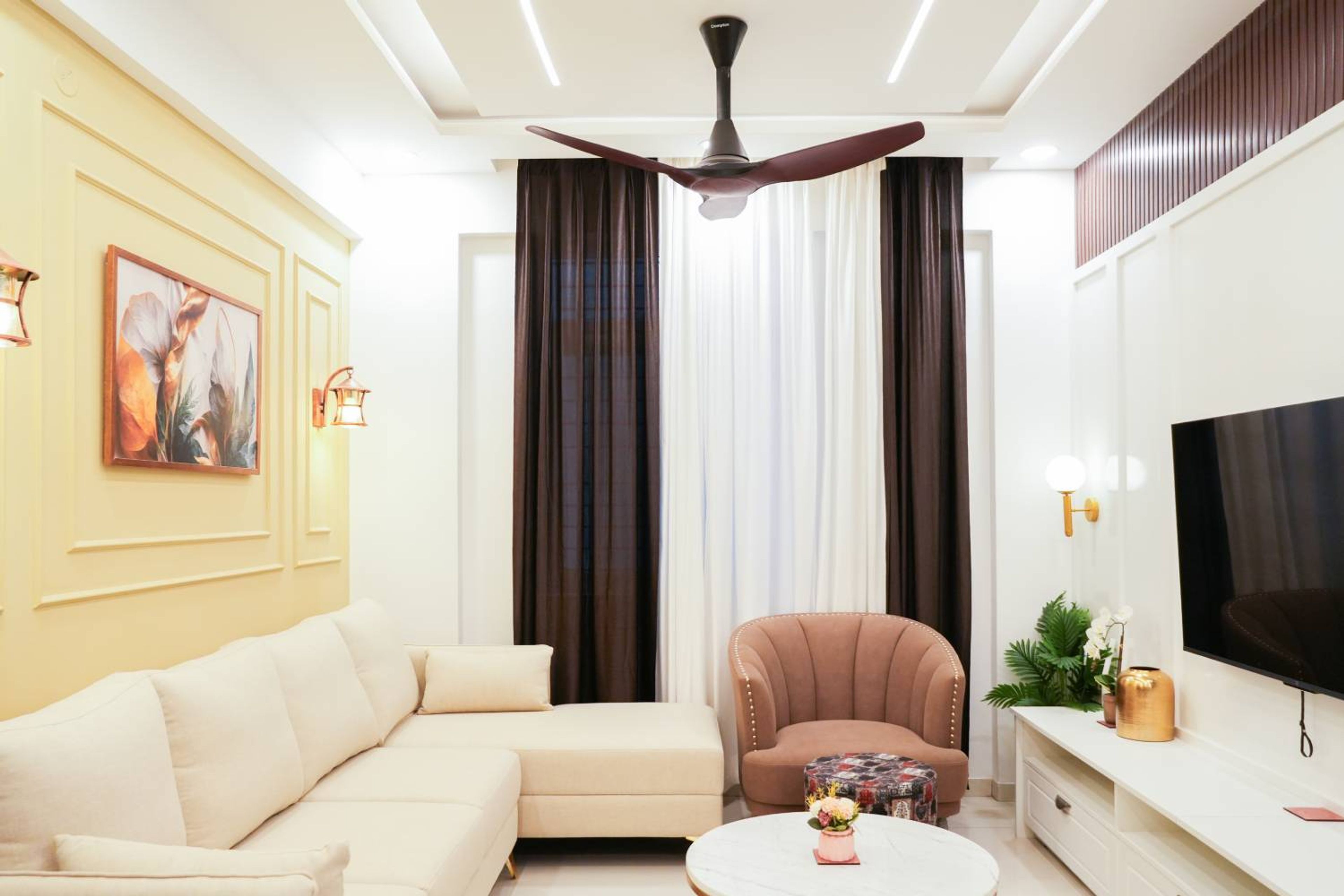 Living Room Design with Brown  Accent Chair