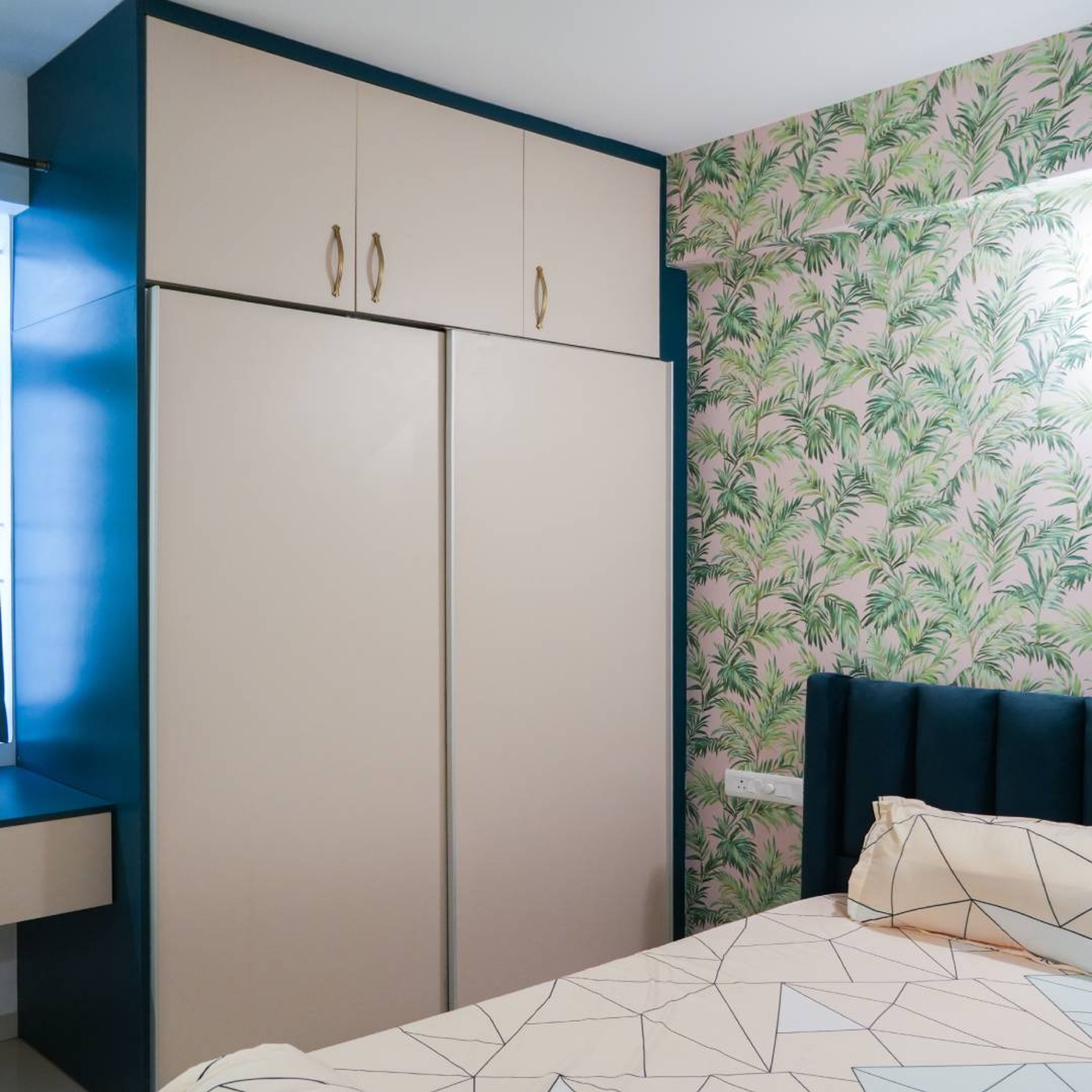 2-Door Blue Sliding Wardrobe Design with Beige Doors