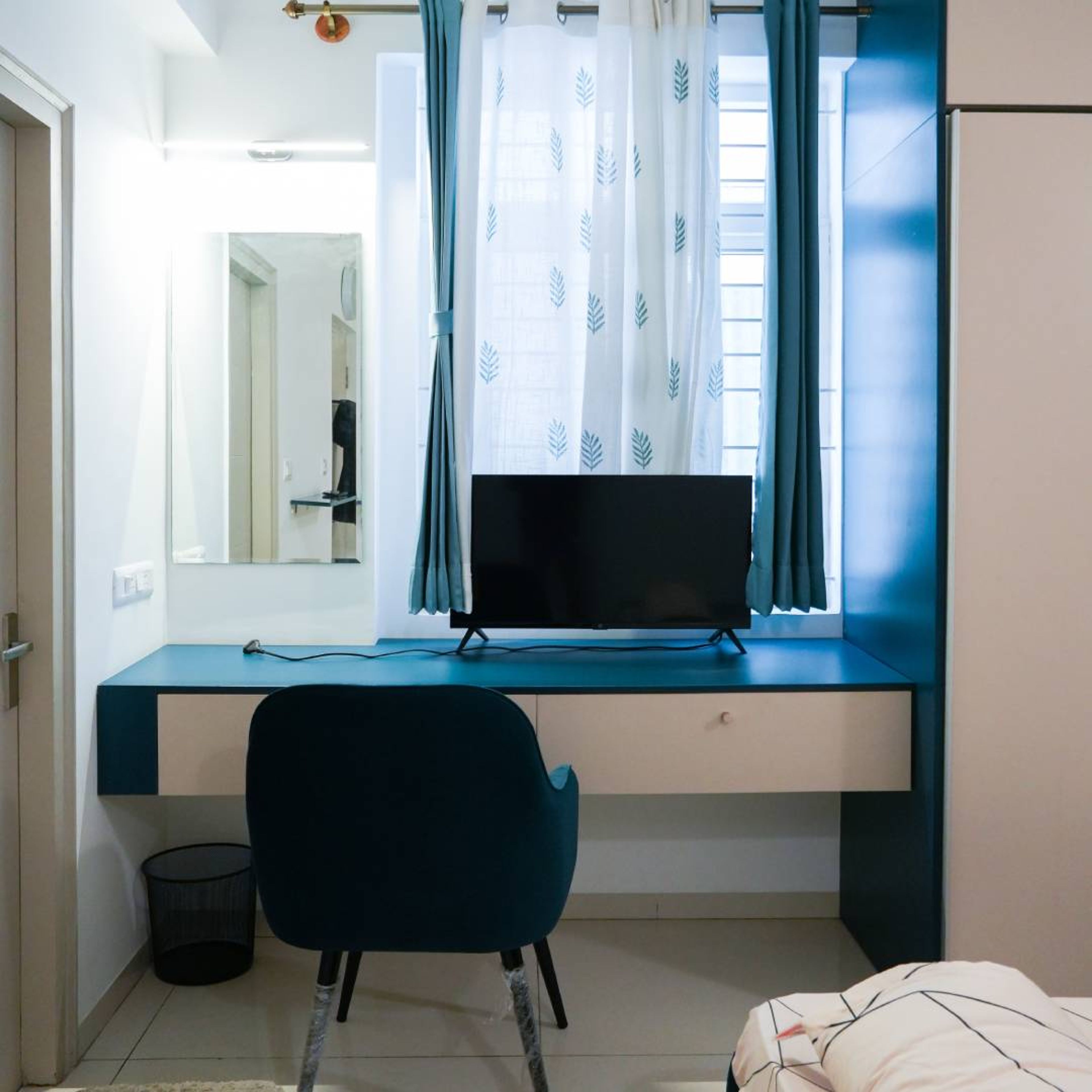 Blue and Beige Study Space with Chair