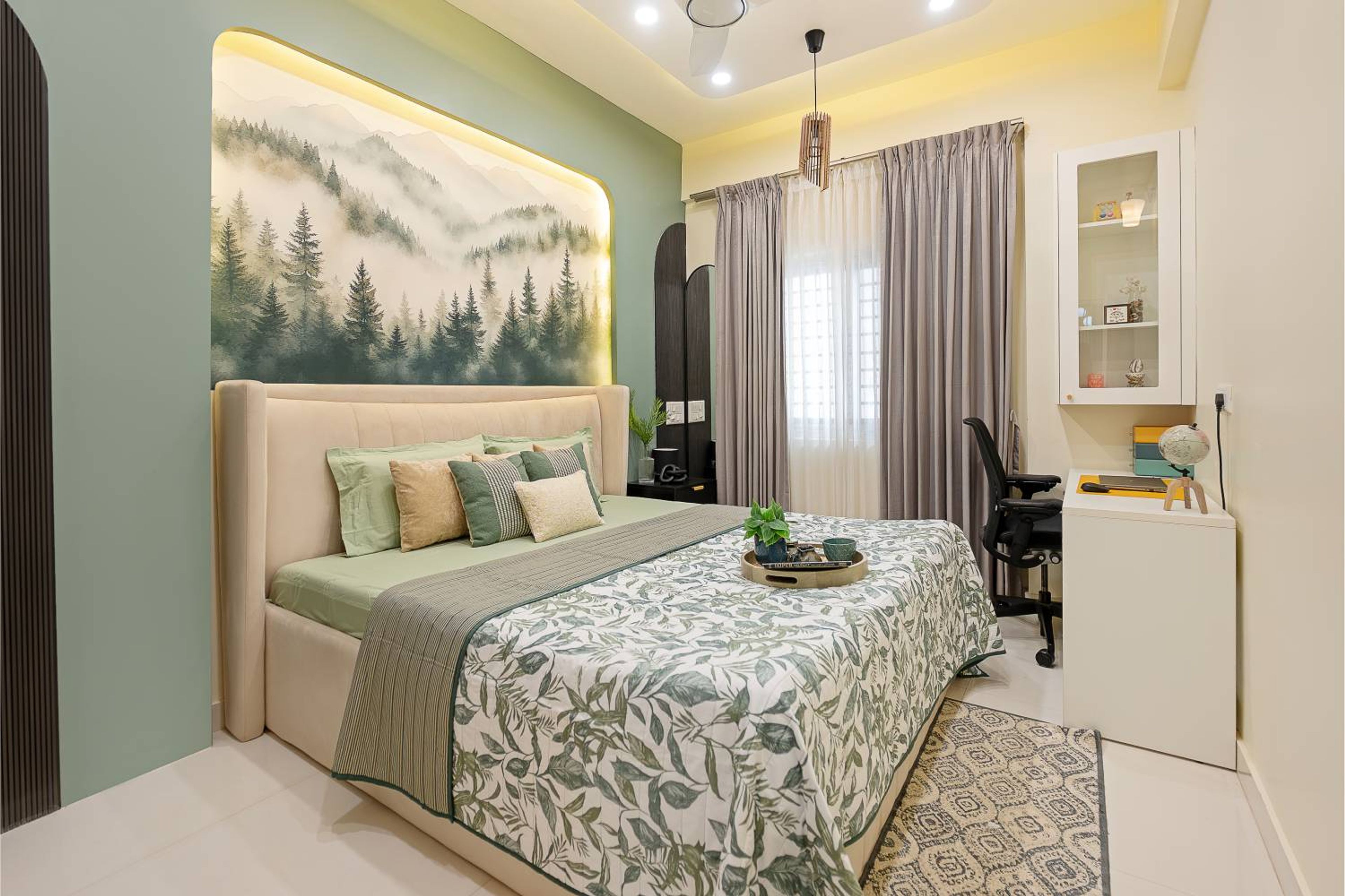 Contemporary Guest Bedroom Design with Arched Forest Feature Wall