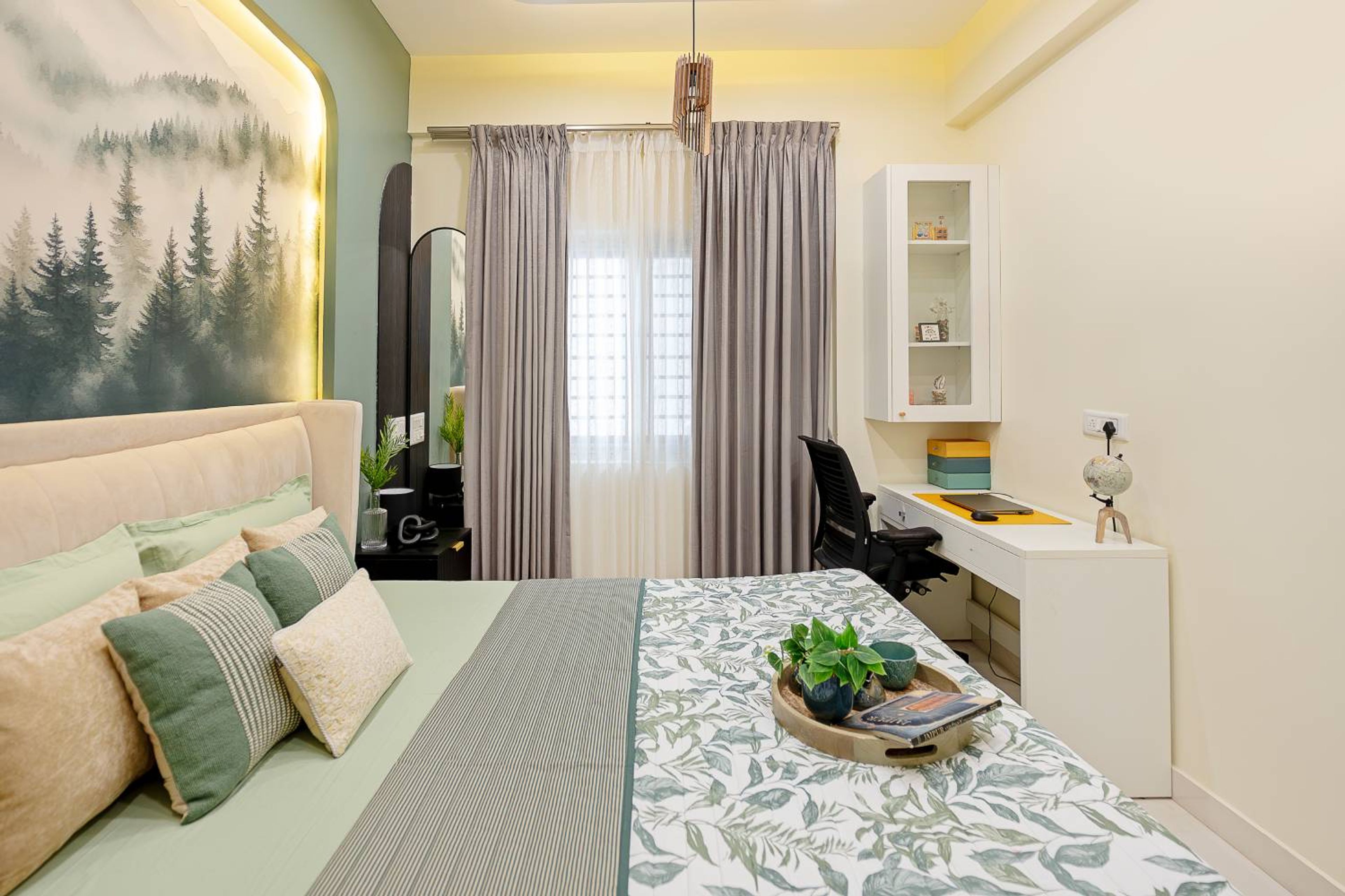 Modern White Home Office Design with Forest Wall and Open Wall Unit