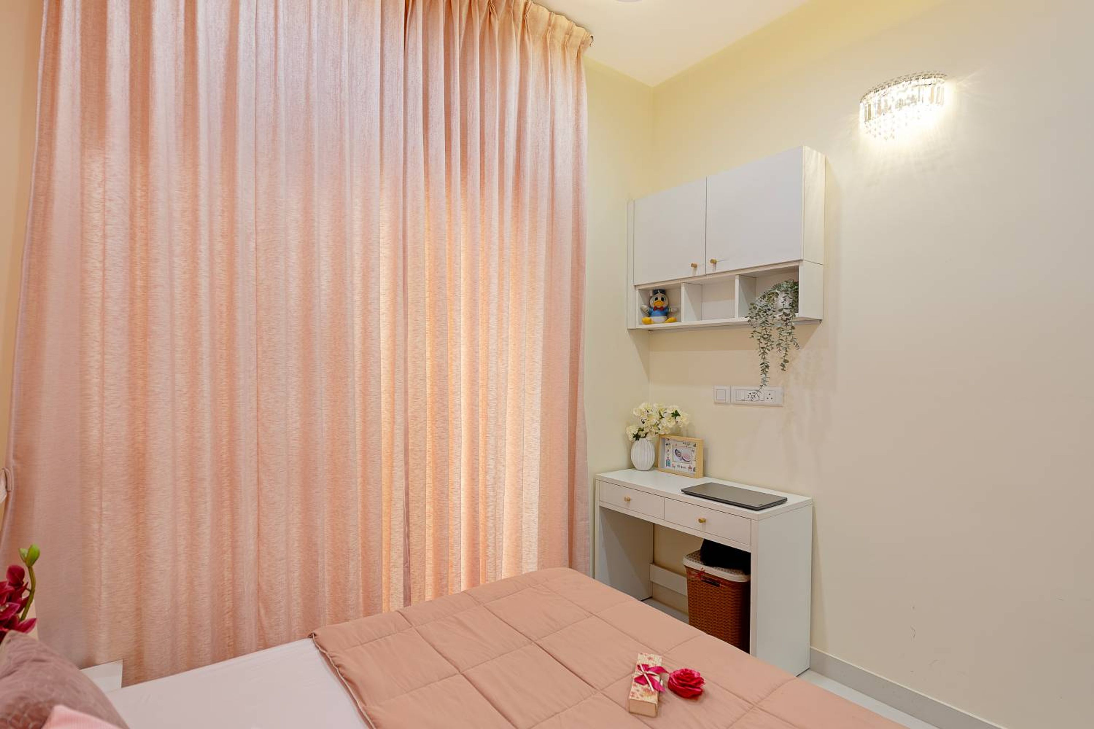 White Modern Home Office Design with Desk and Closed Cabinets