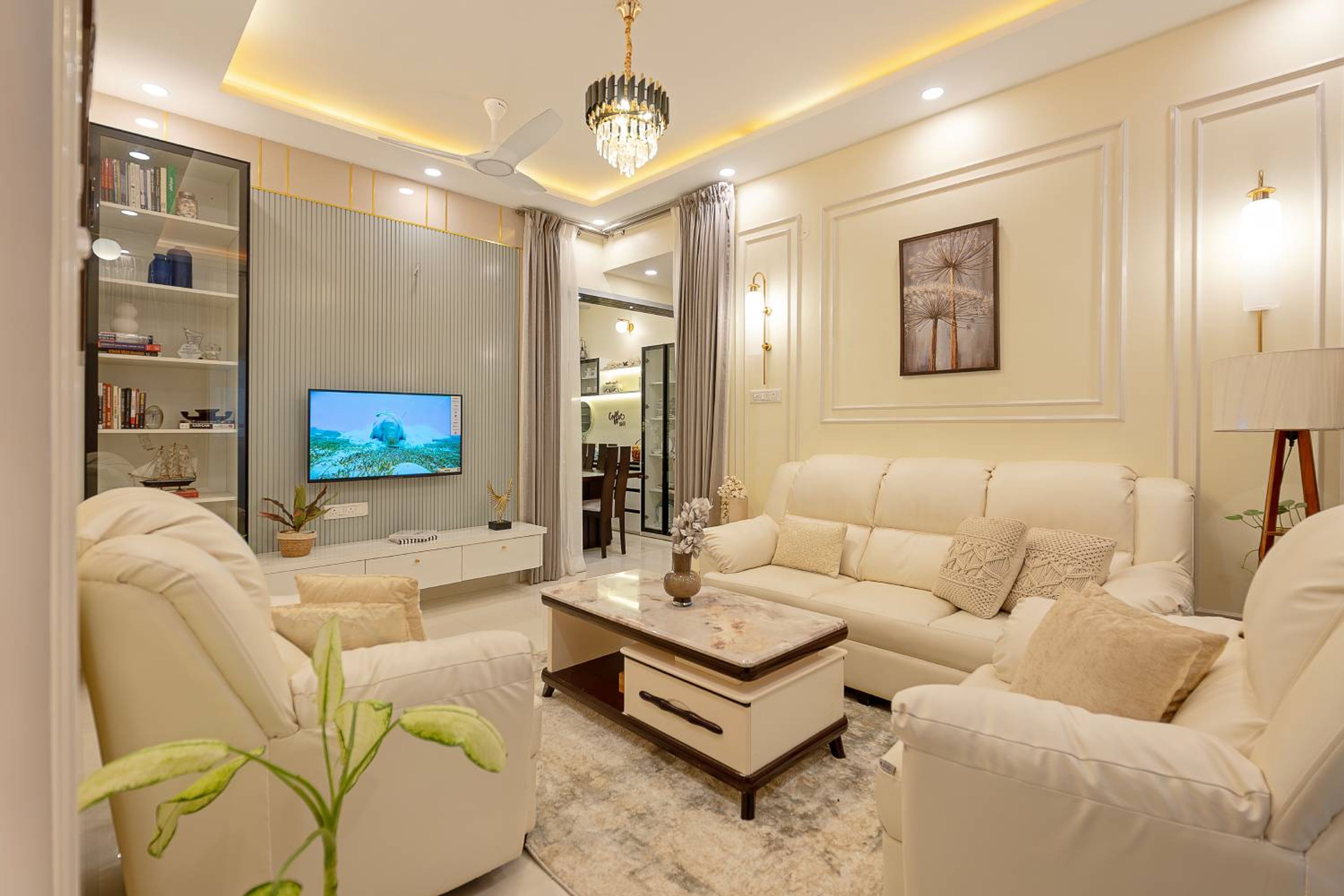 Modern White TV Unit Design with Open Display Shelves and Floating Cabinet