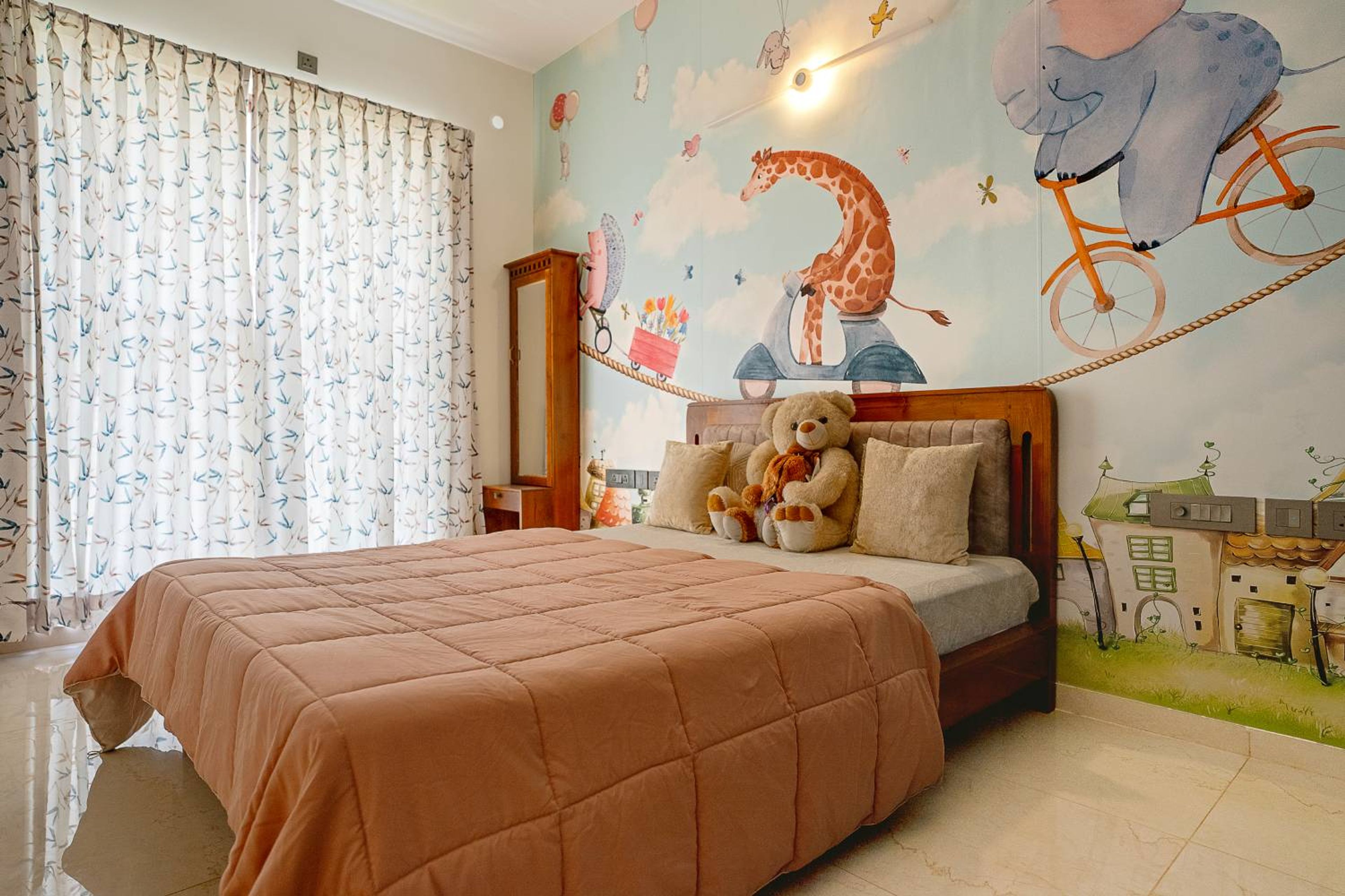Modern Kids Bedroom Design with Hydraulic Storage Bed and Playful Murals