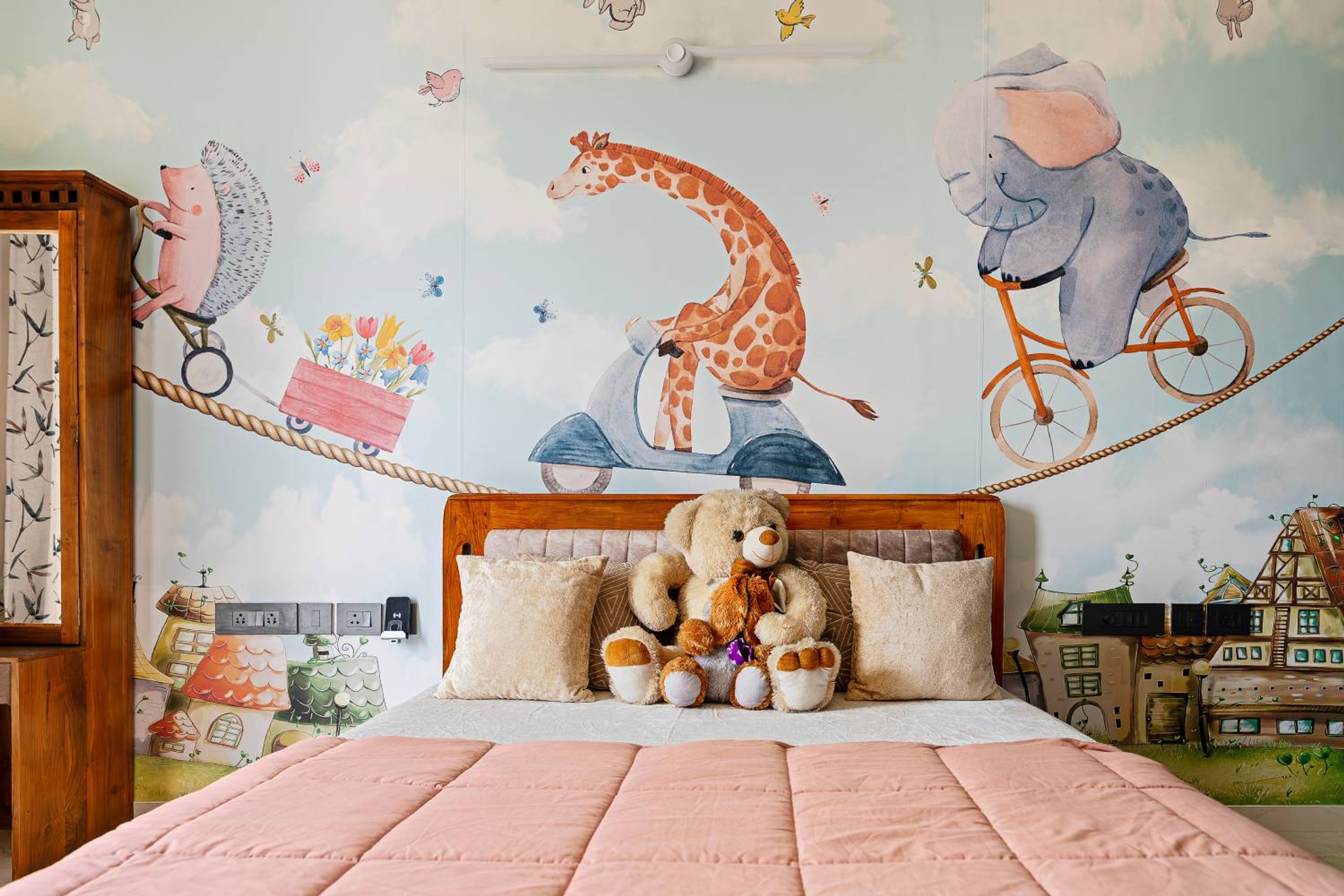 Kids Bedroom Design with Playful Animal Themed Wallpaper and Wooden Bed
