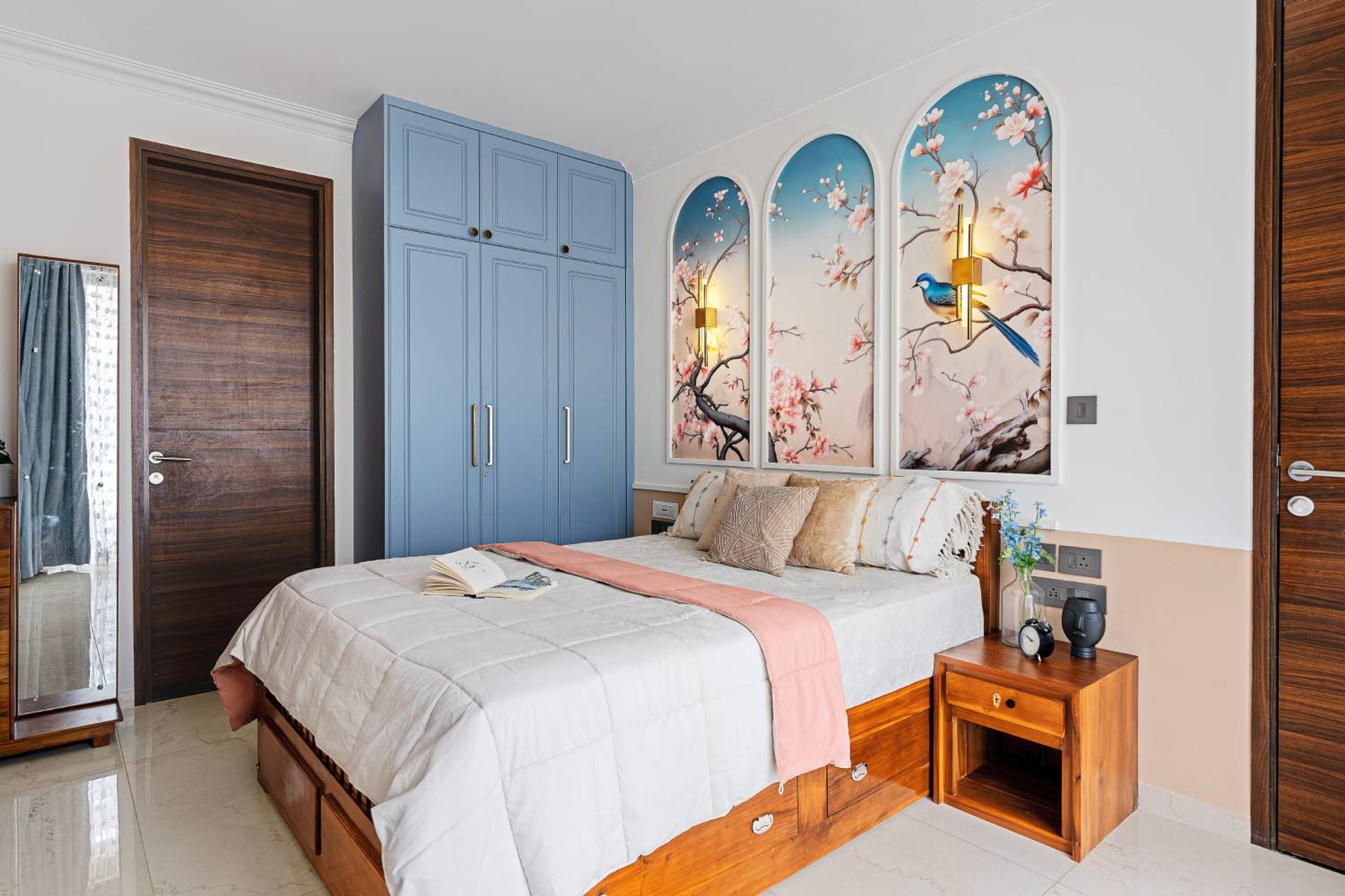 Modern 3-Door Swing Wardrobe Design in Beige and Denim Blue