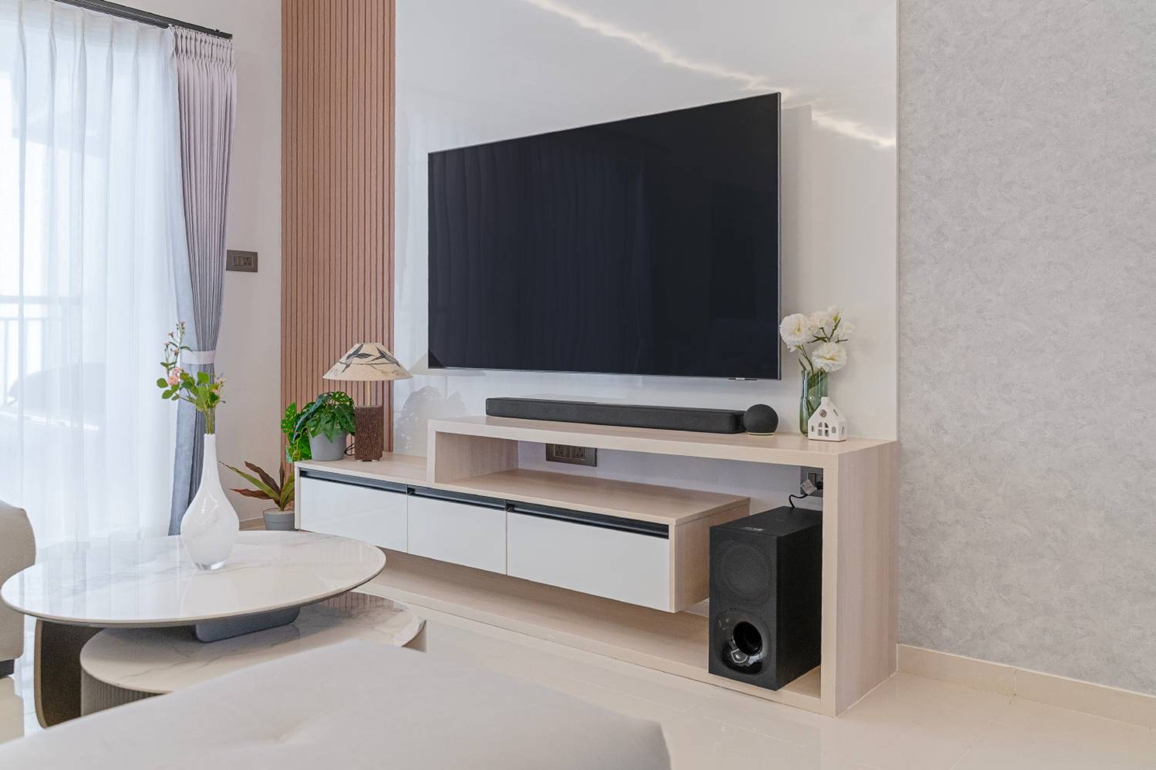 Scandinavian TV Unit Design with Floating Console and 3D Panel Backdrop