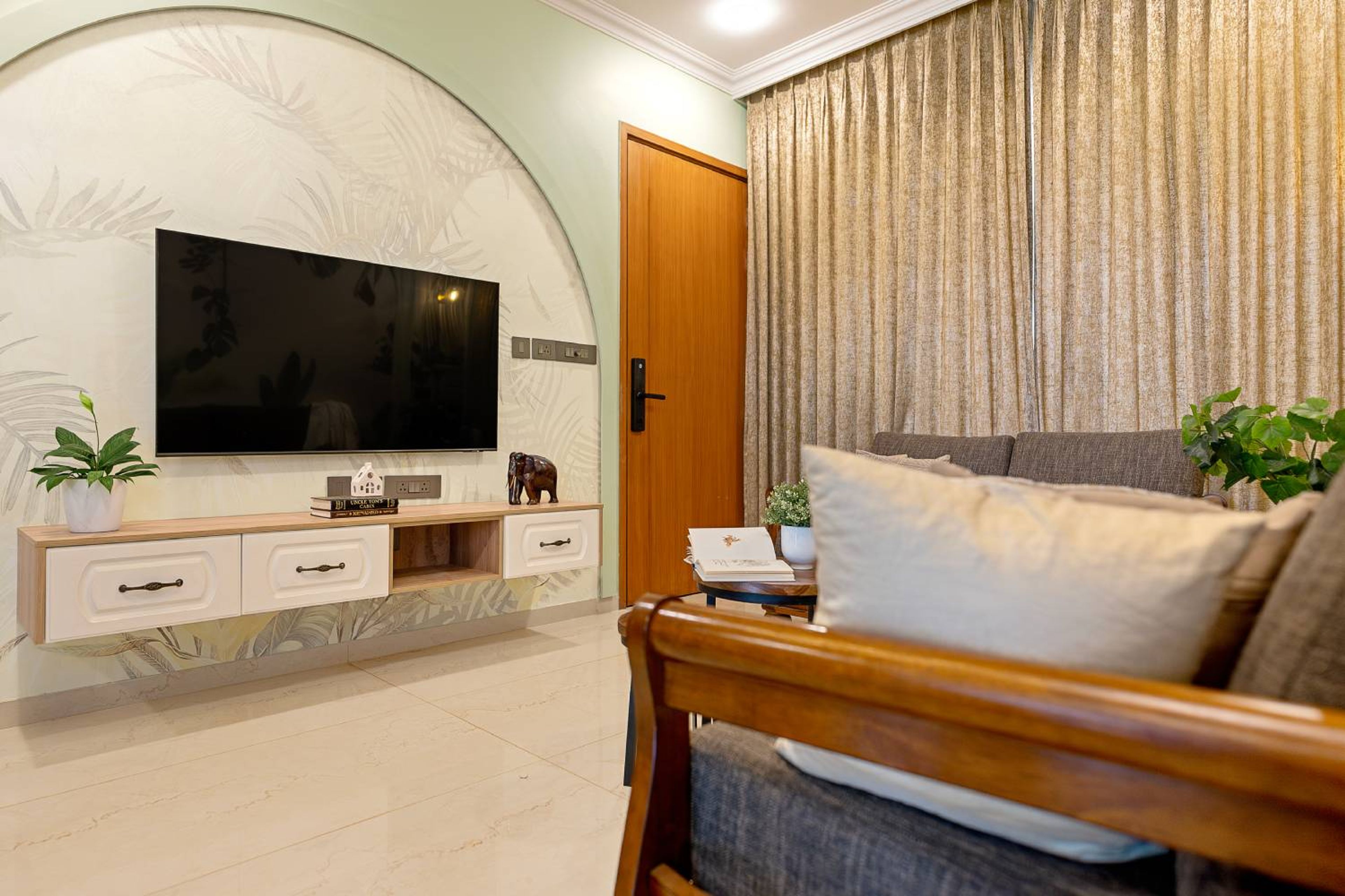 Modern TV Unit Design with Floating Console and Tall Storage Cabinet