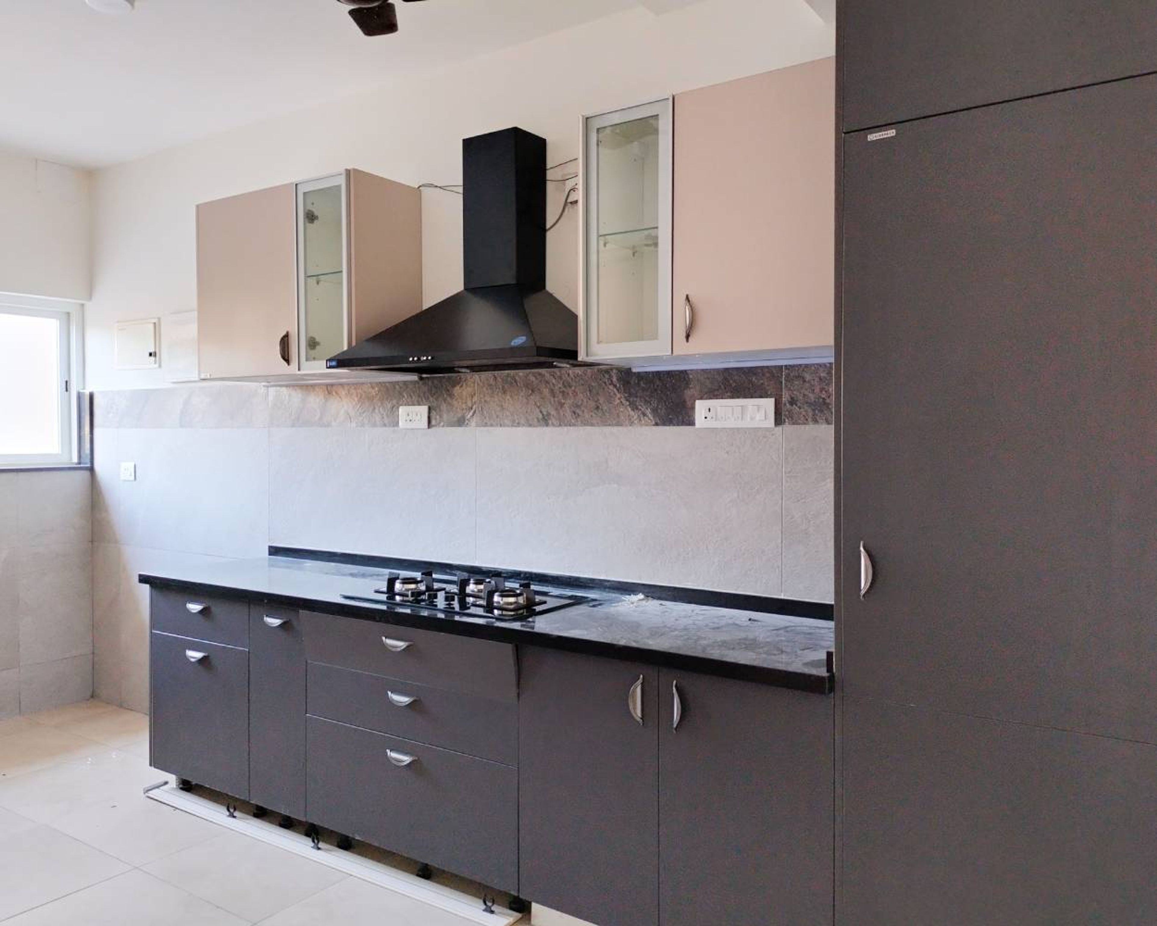 Modern Parallel Kitchen Design With Denim Base And Irish Cream Wall Cabinets