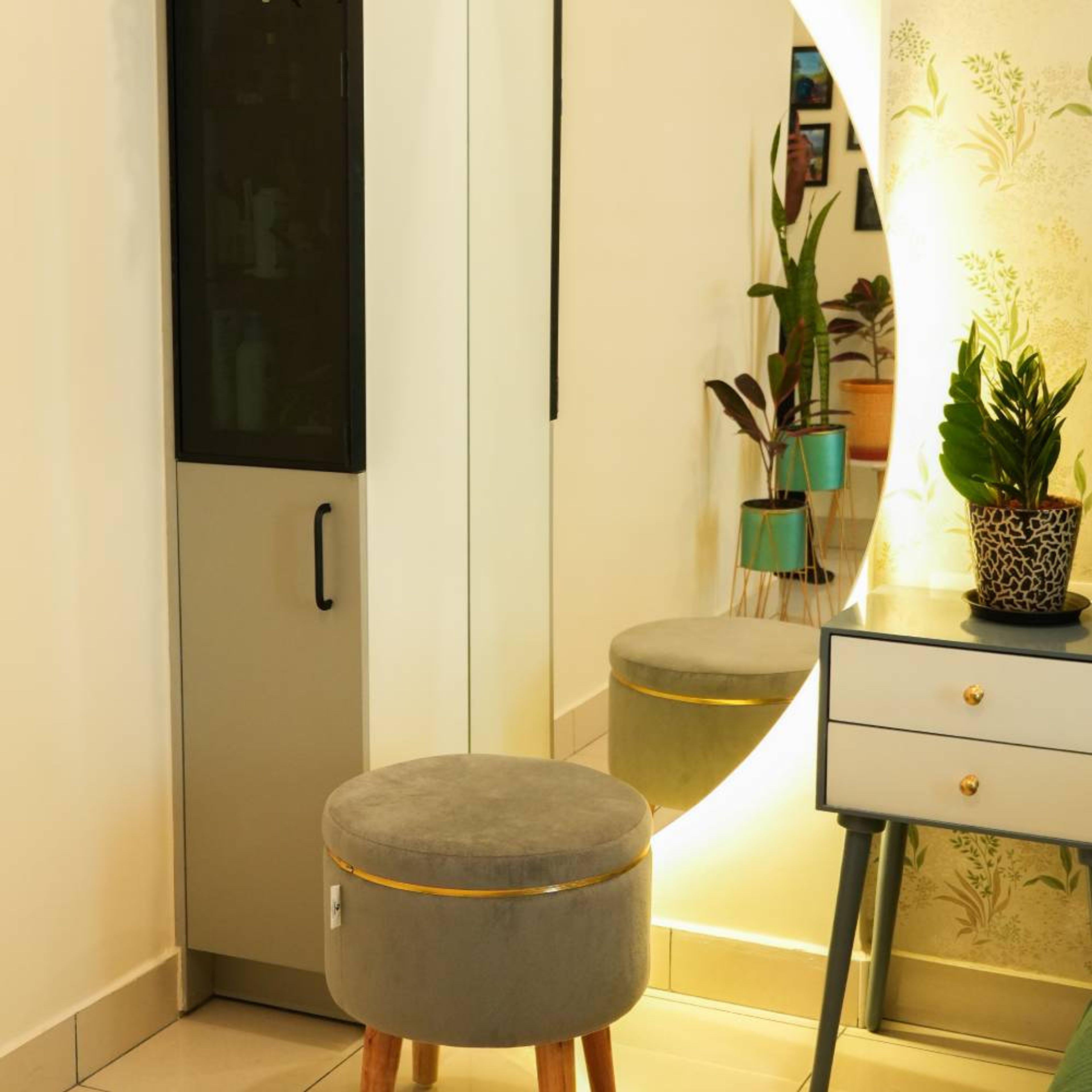 Dressing Table Design with Semi-Circle LED Backlit Mirror and Grey Pouffe