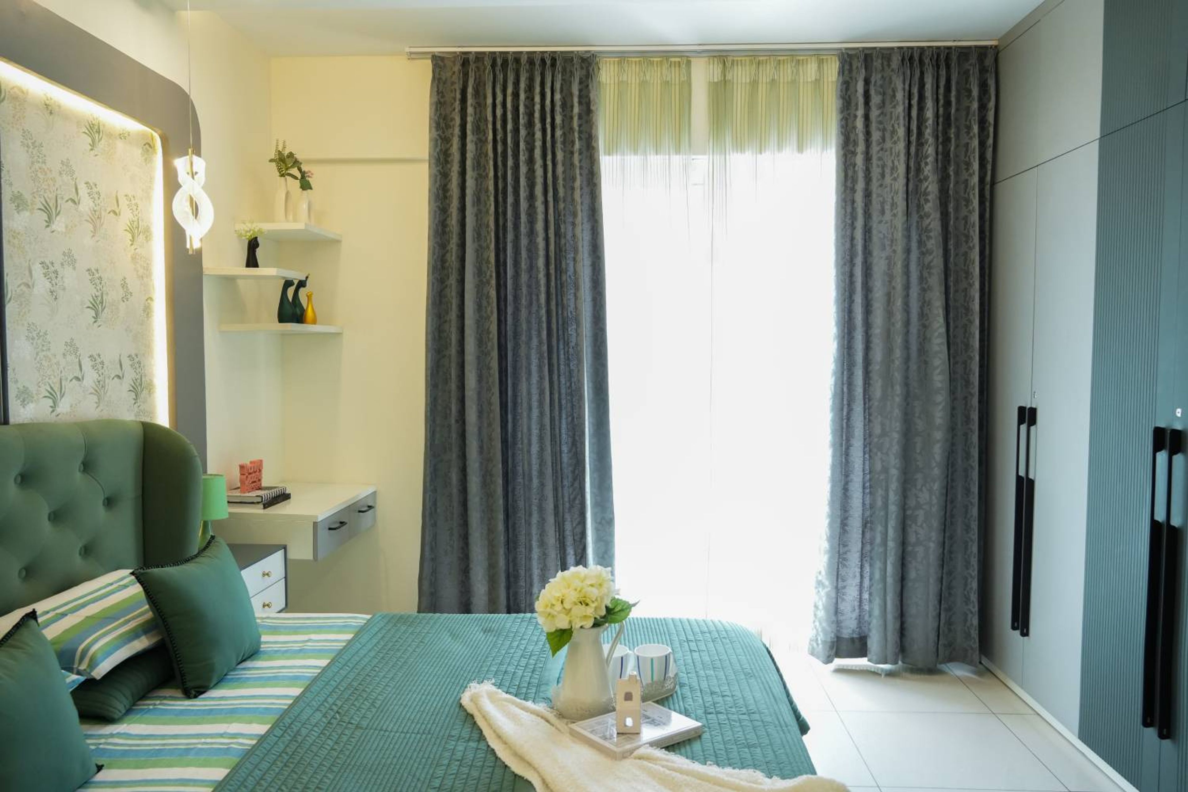 Bedroom Design with Green Headboard Bed and Grey Curtains