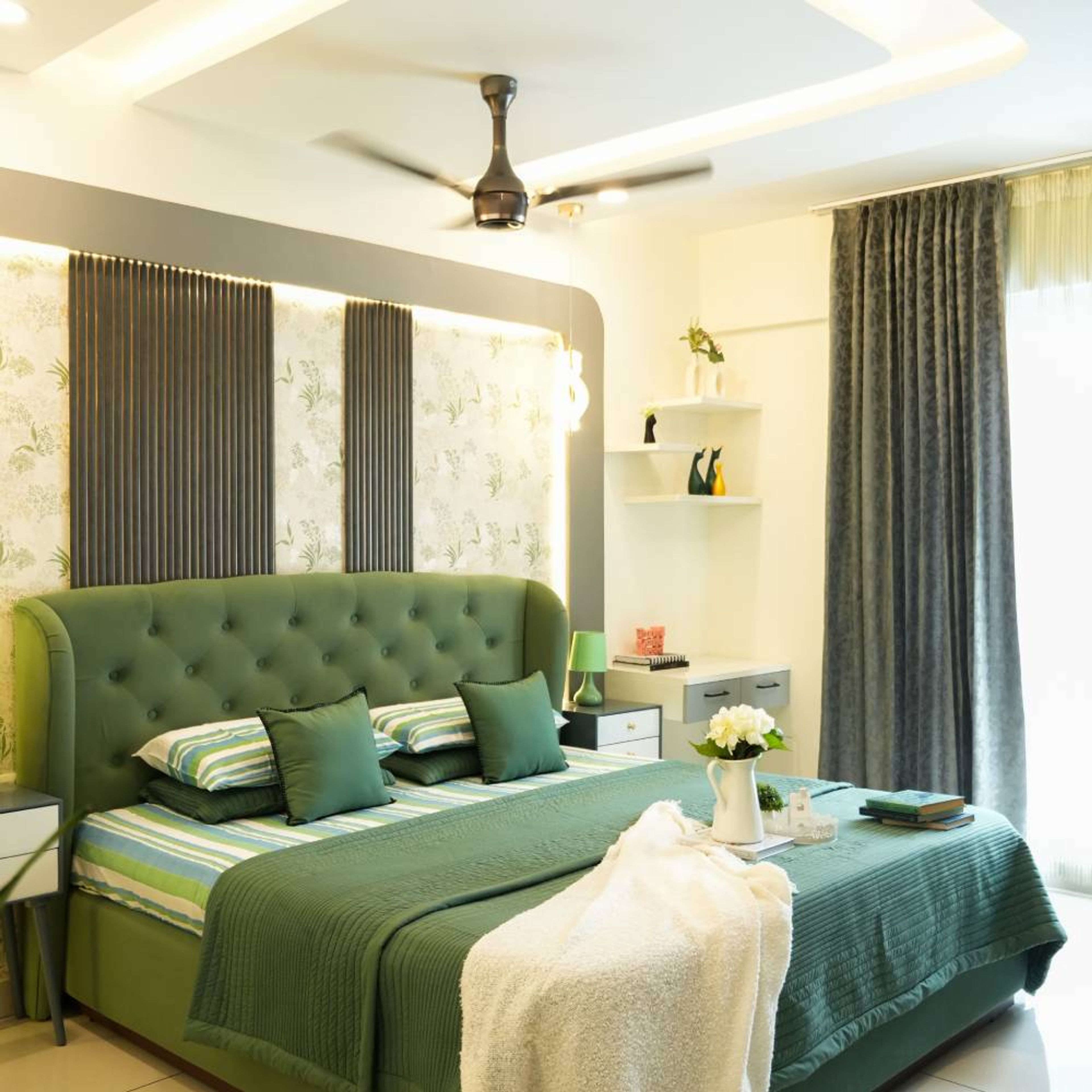 Master Bedroom Design with Upholstered King Bed with Green Cushions