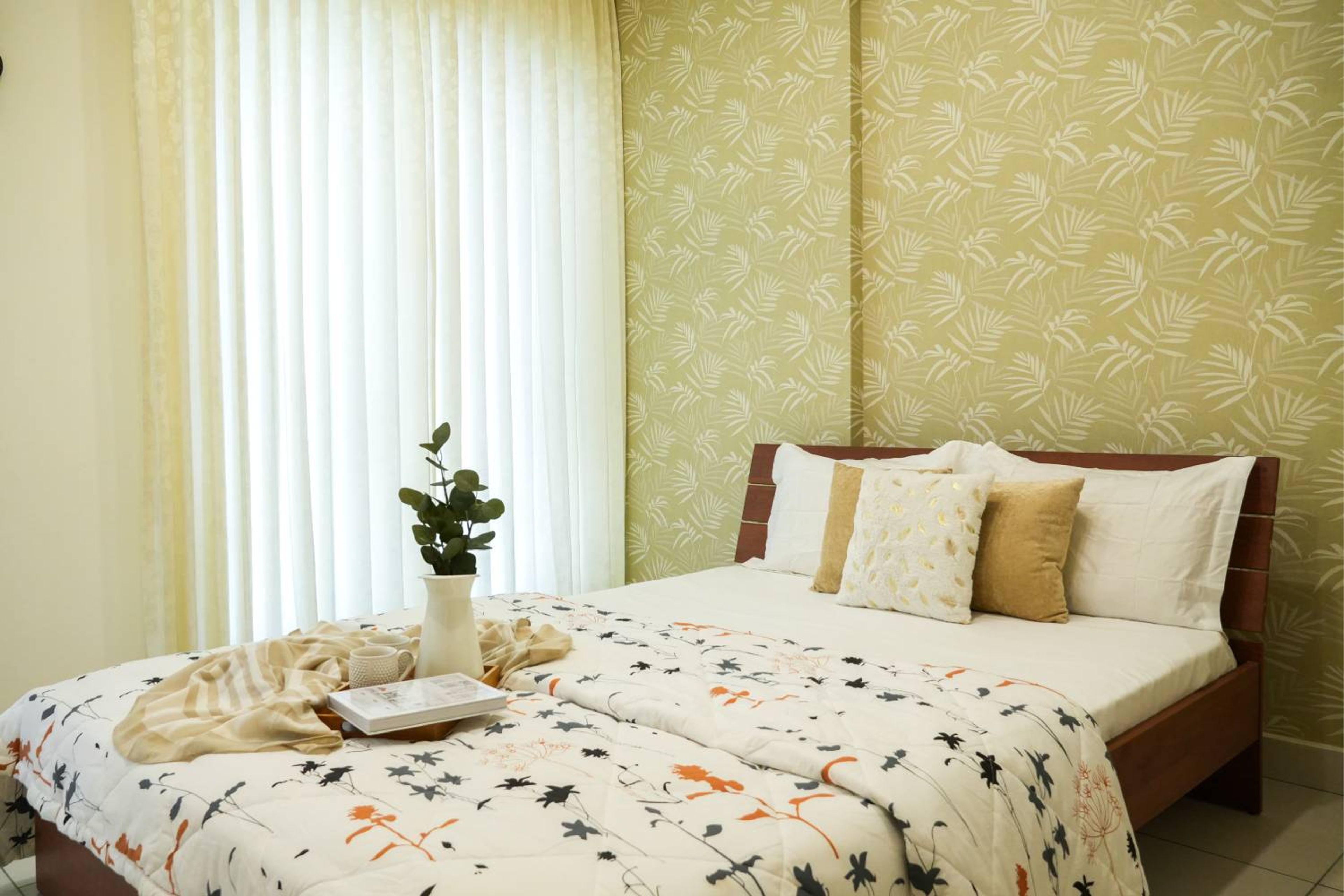 Bedroom Design with Green Wallpaper and Sheer White Curtains