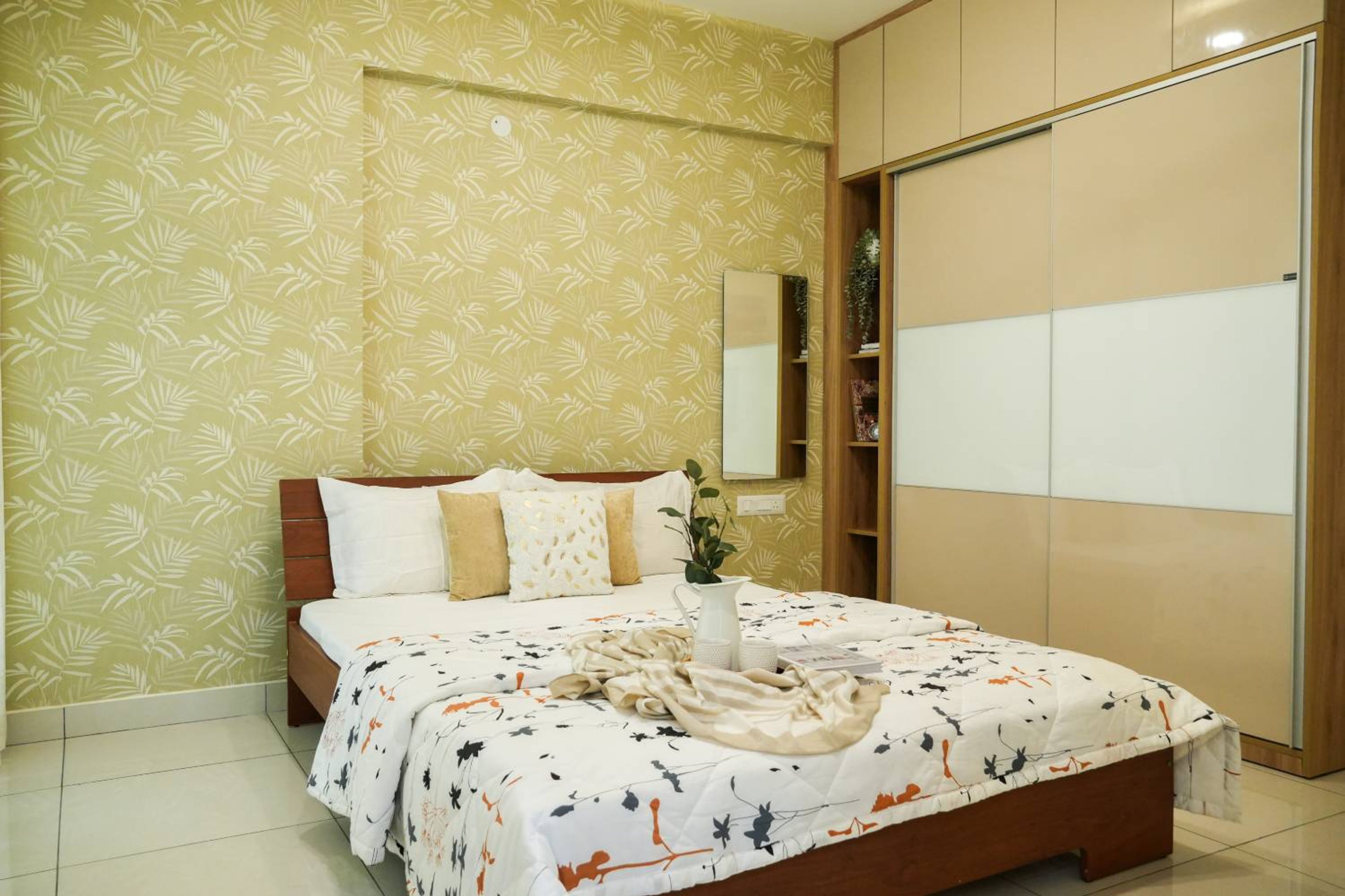 Mustard Wallpaper Design with Leaf Prints for Bedroom